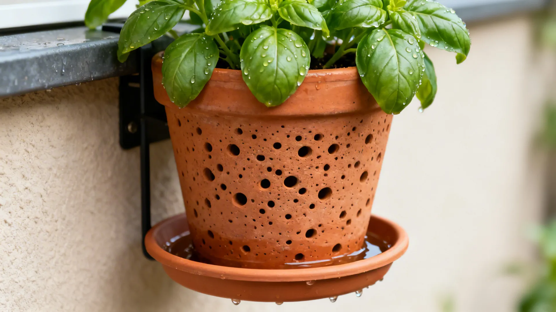 Macro view of a porous terracotta herb pot on a rail with fresh basil leaves and a small drip tray.