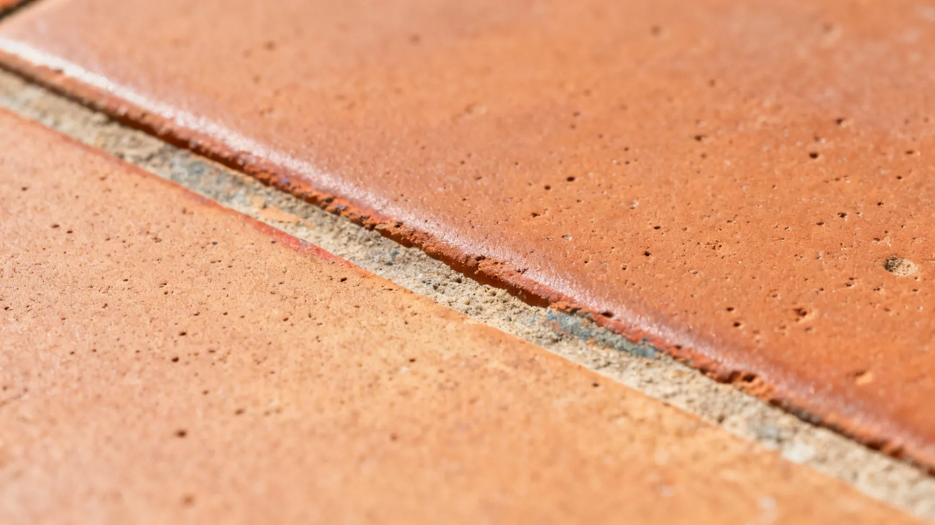 Macro of terracotta tile showing matte texture, pores, and breathable sealed edge.