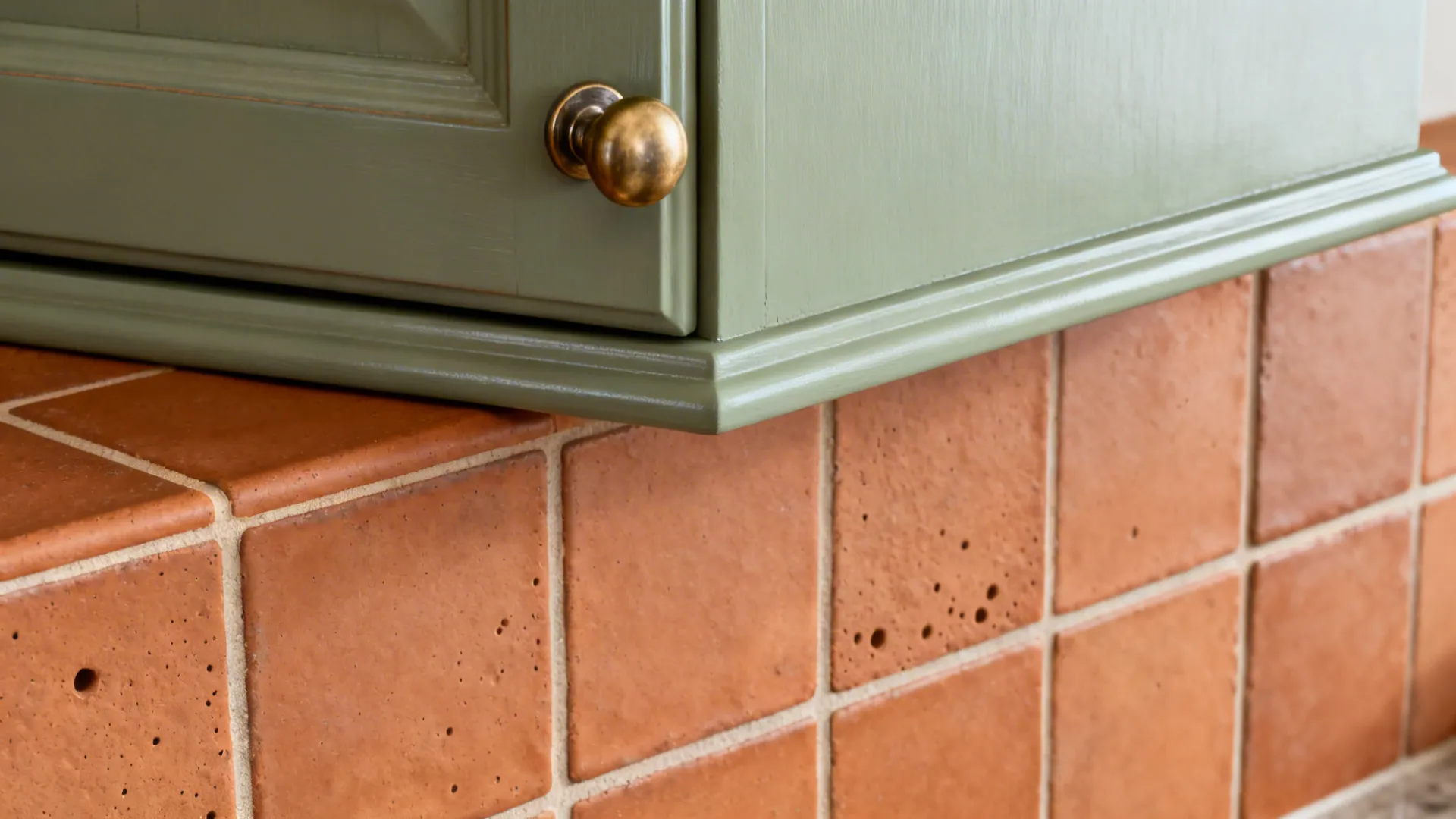 Idea 1: Navy Lowers + Sage Uppers + Terracotta Backsplash