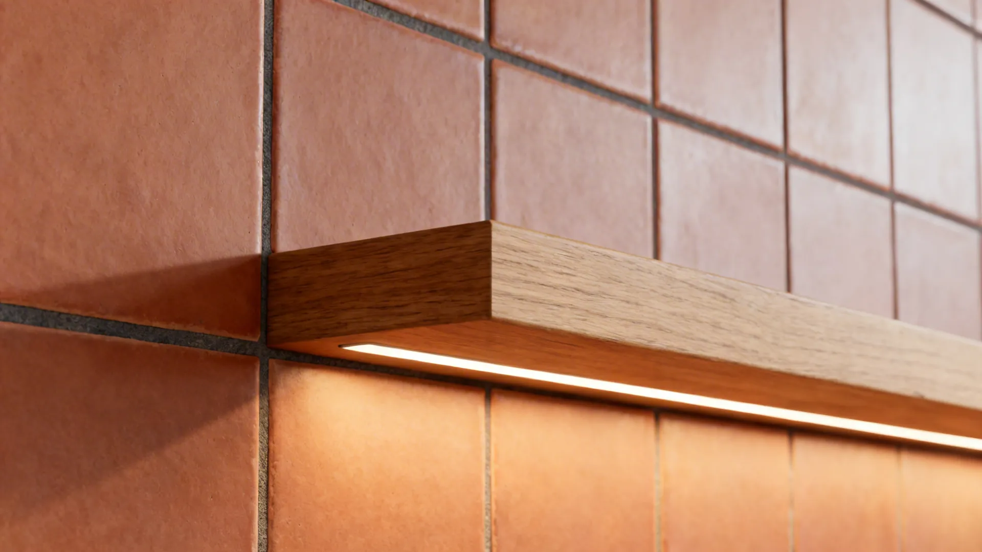Macro of terracotta tile meeting oak shelf with warm LED glow and darker grout line.