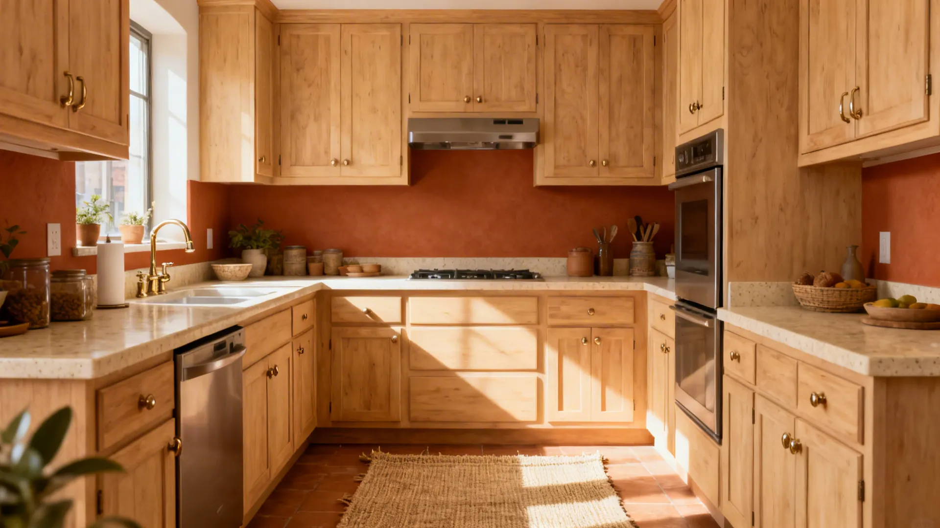 Warm kitchen featuring terracotta wall paint maple wood cabinets large window and bright natural sunlight