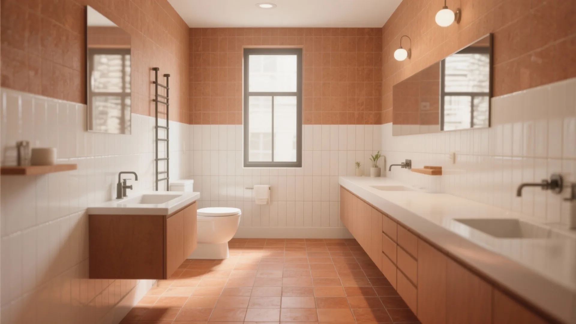 Modern bathroom with orange and white wall tiles wooden cabinet white sink toilet and window
