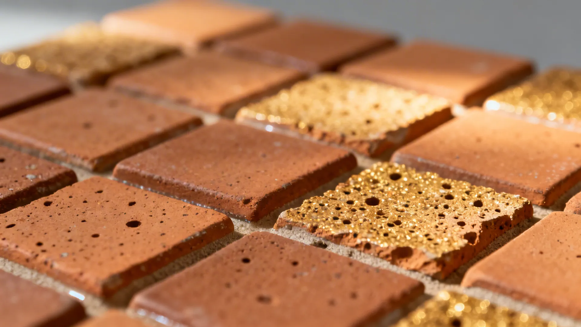 Macro of cinnamon terracotta mosaic showing matte texture and warm-toned grout.