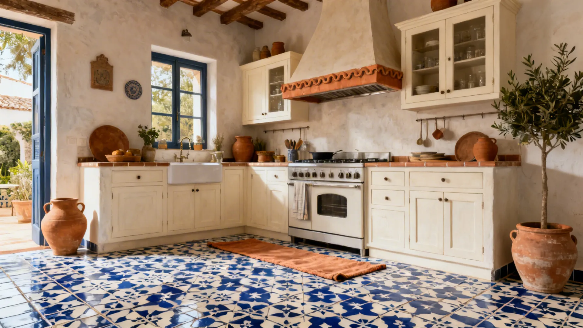 Rustic kitchen with white cabinets terracotta pots and blue patterned floor tiles under wooden ceiling beams