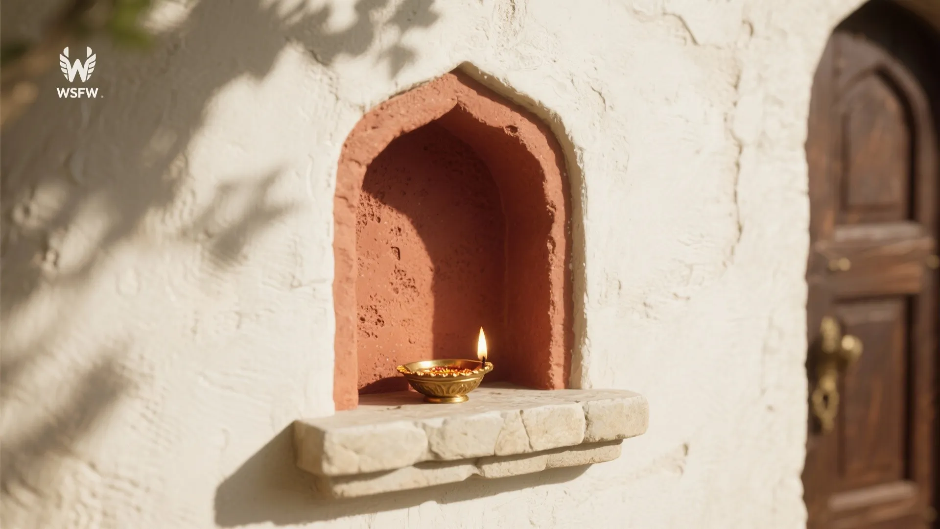 Small burning lamp inside a red arched wall niche on a white textured stone surface