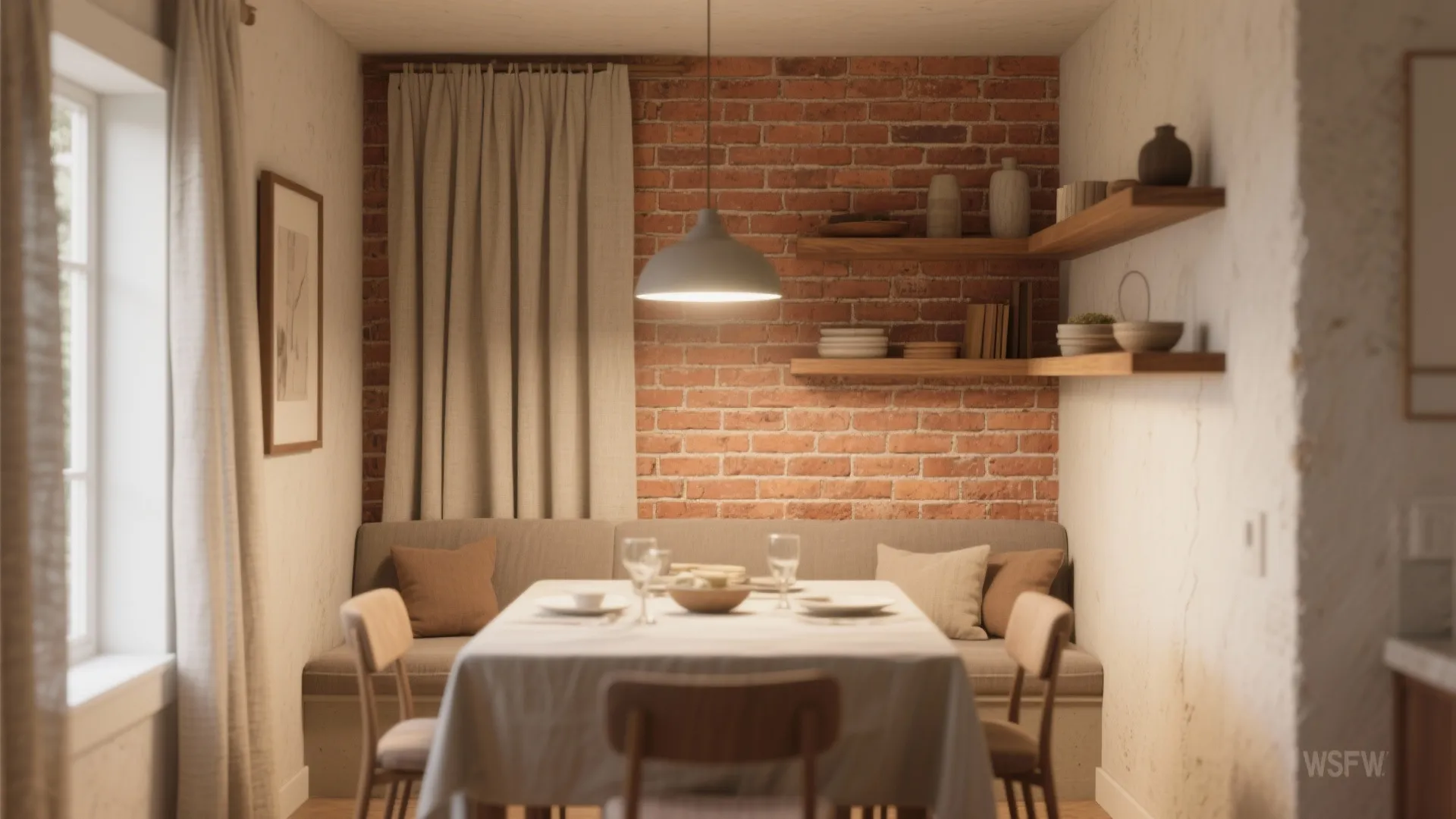 Dining area with red brick wall wooden shelves ceiling light dining table and soft window light