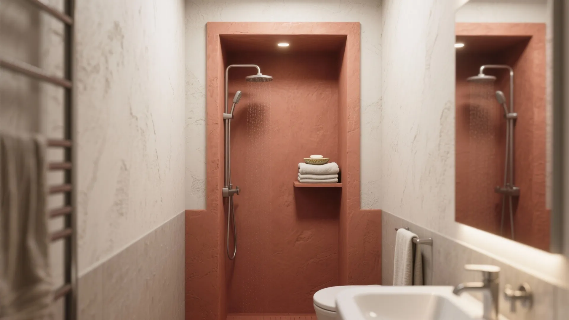 Shower niche painted deep terracotta limewash contrasting pale surrounding limewash walls.