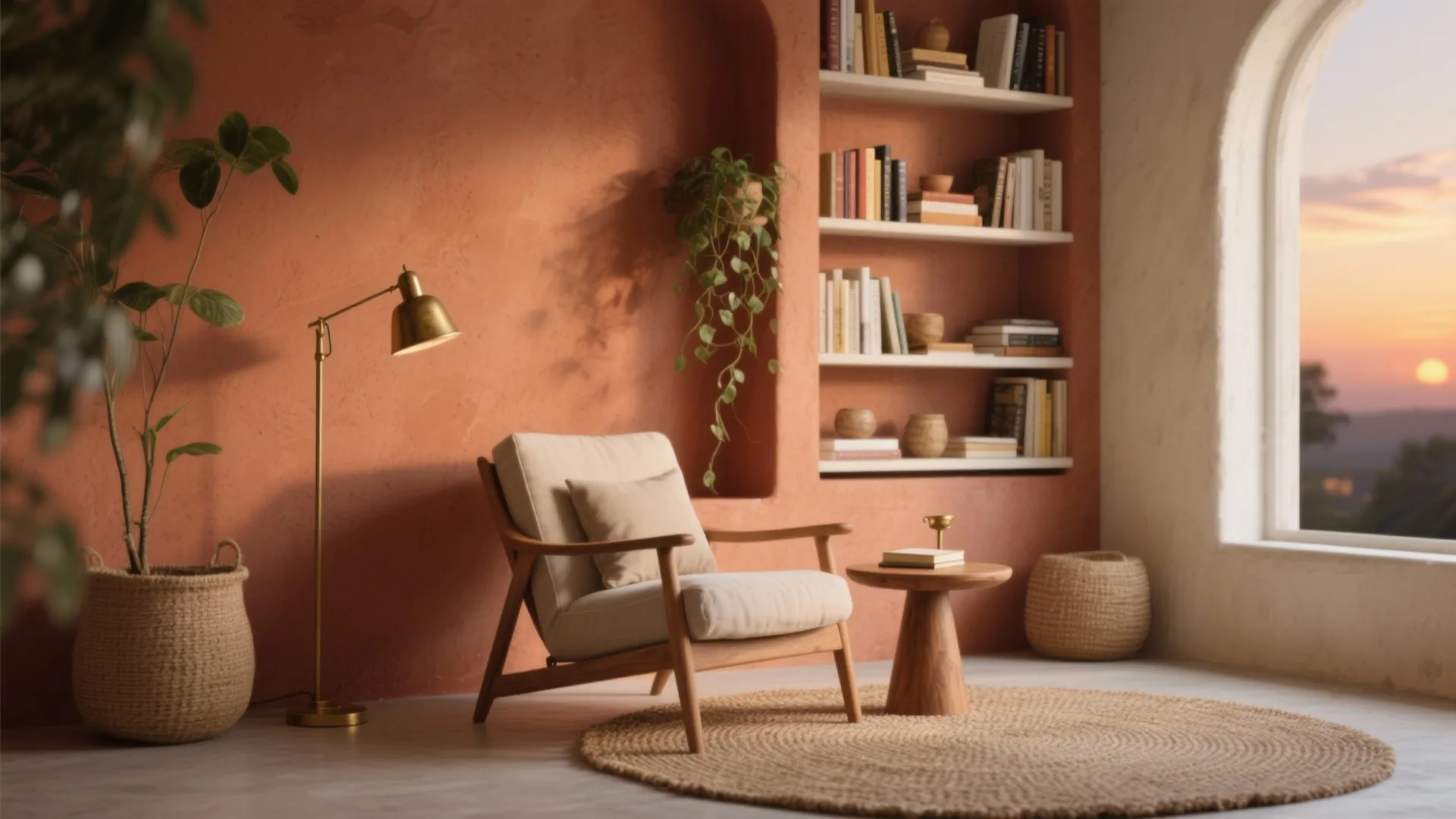 Cozy reading corner with terracotta walls, wooden armchair, round rug, floor lamp, and wall shelves