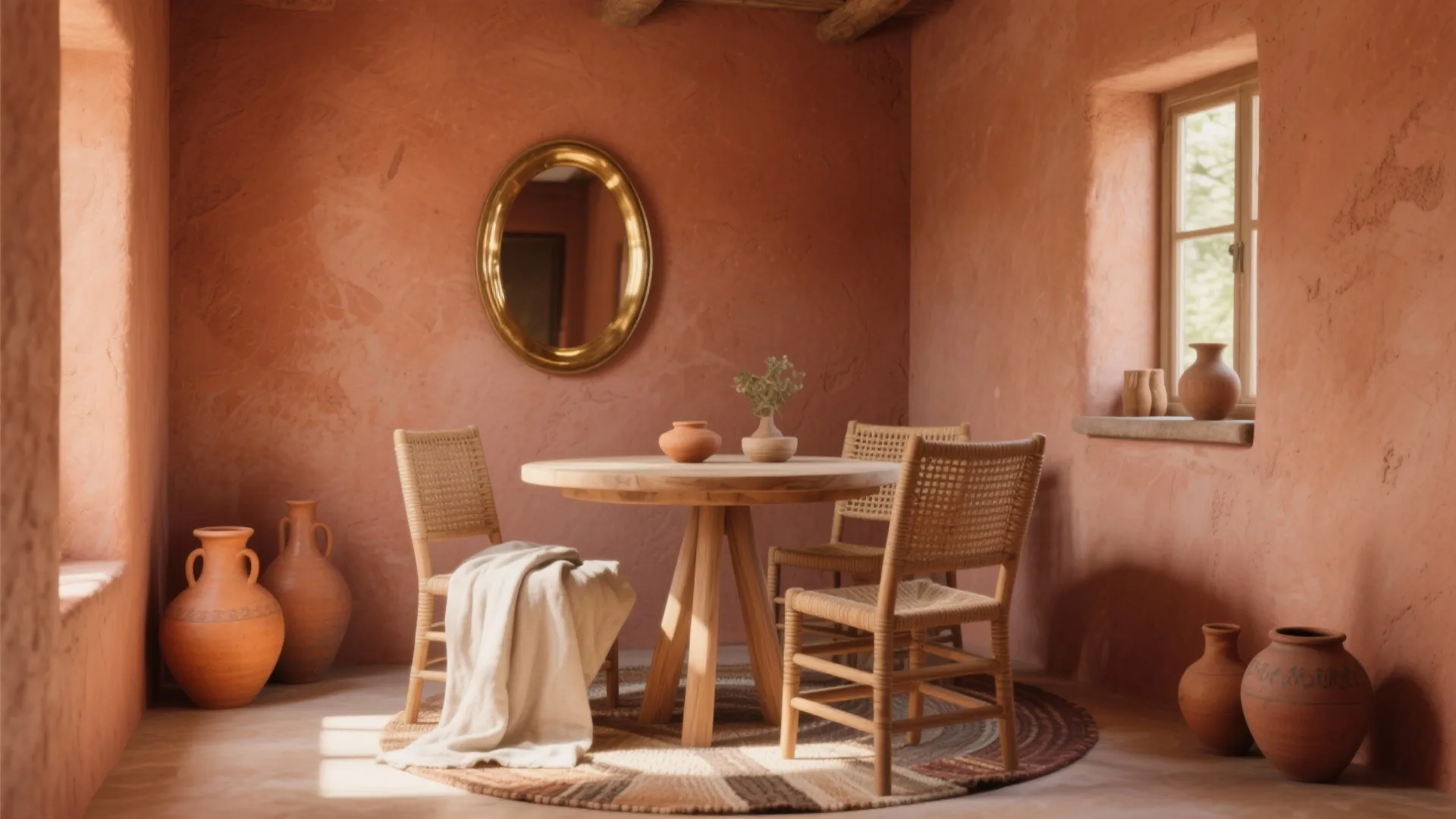 Round wooden table and woven chairs in a room with orange walls and gold mirror