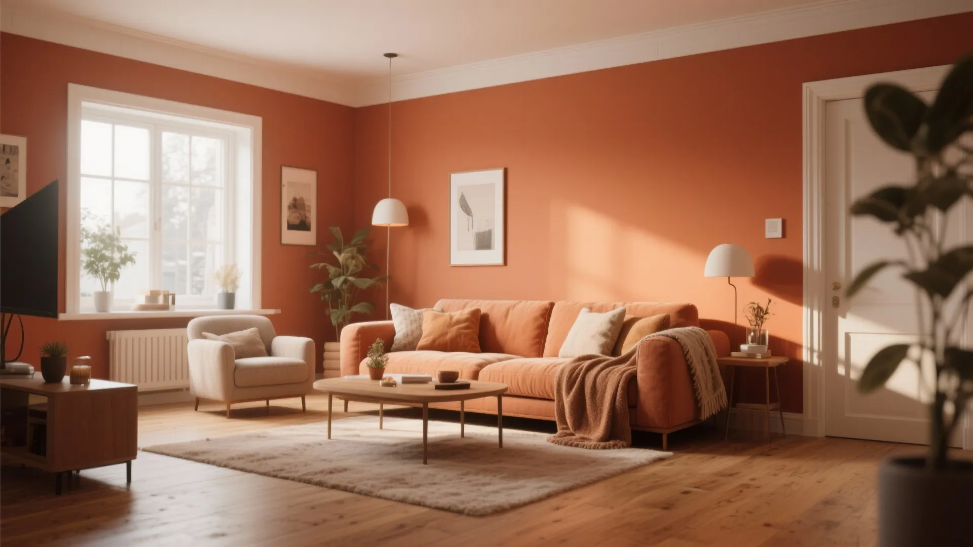 Living room with terracotta walls and off-white trim