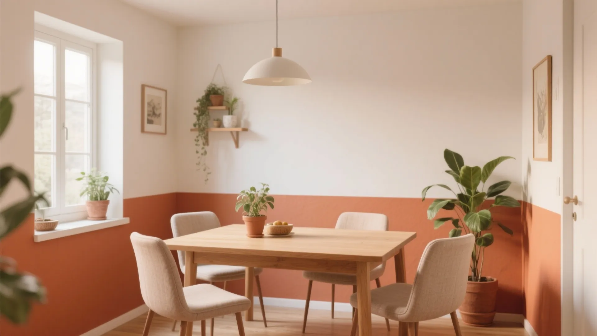 Warm terracotta and off-white two-tone dining room
