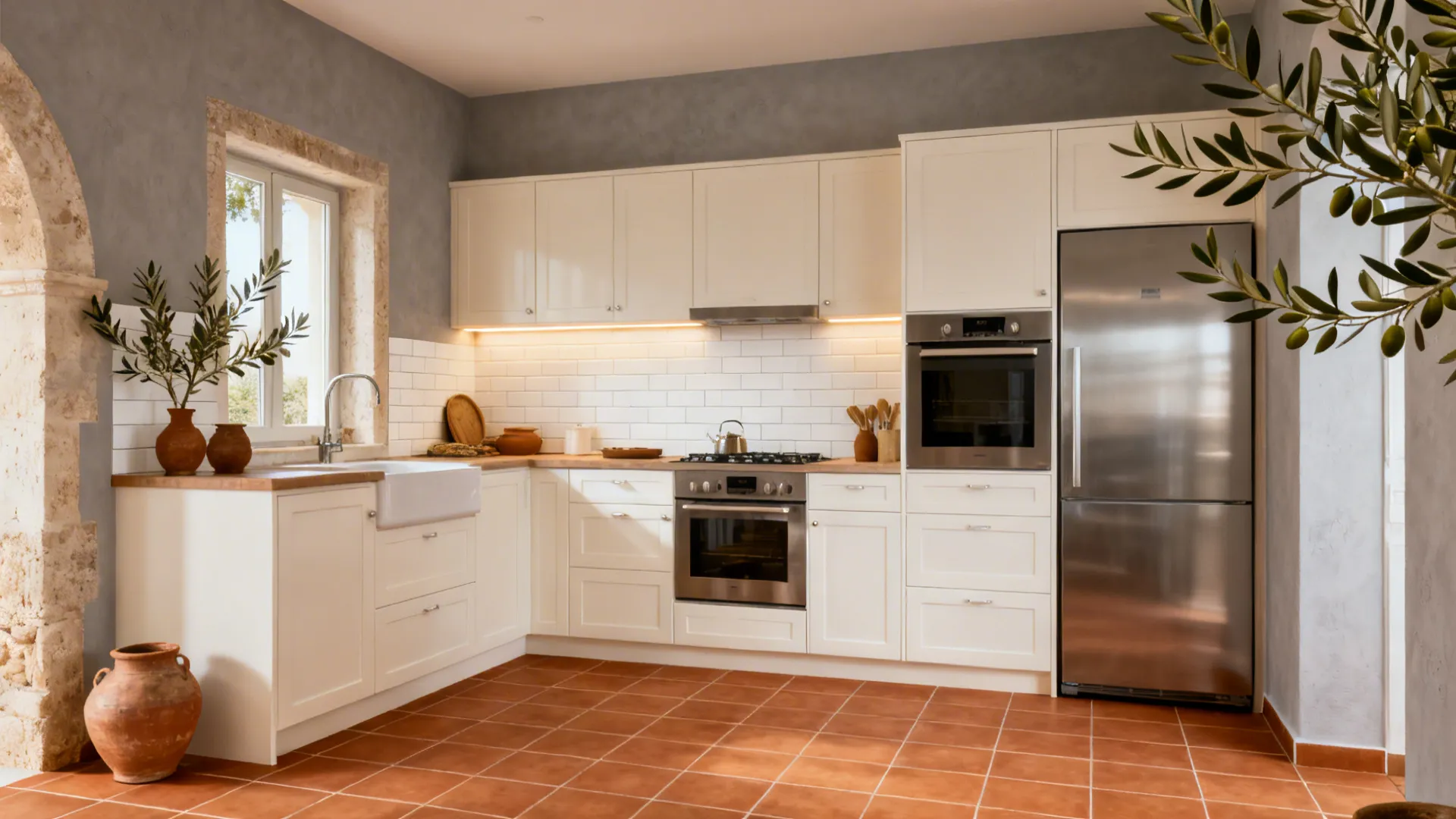 Terracotta-look floor with off-white cabinets and soft warm grey walls in a bright kitchen.