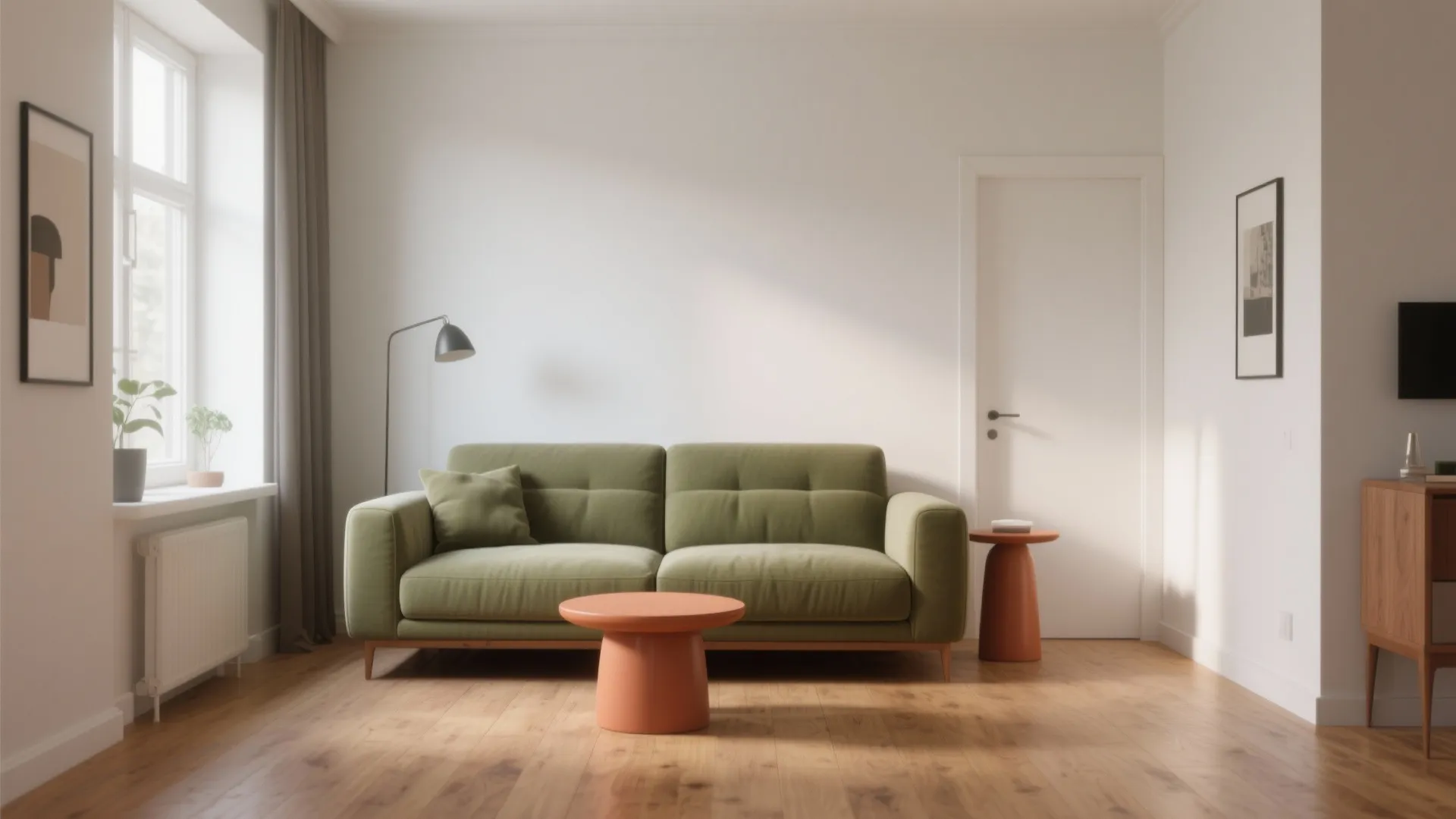 Minimalist living room featuring green sofa two orange coffee tables white walls and wooden floor design