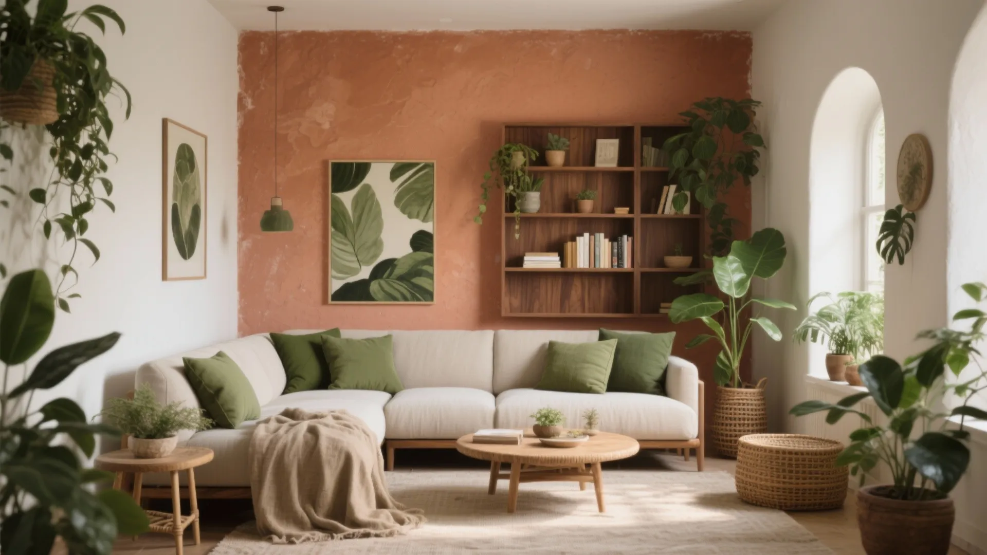 Earthy living room with a soft terracotta wall, olive accents, walnut furniture, and layered plants in warm daylight.