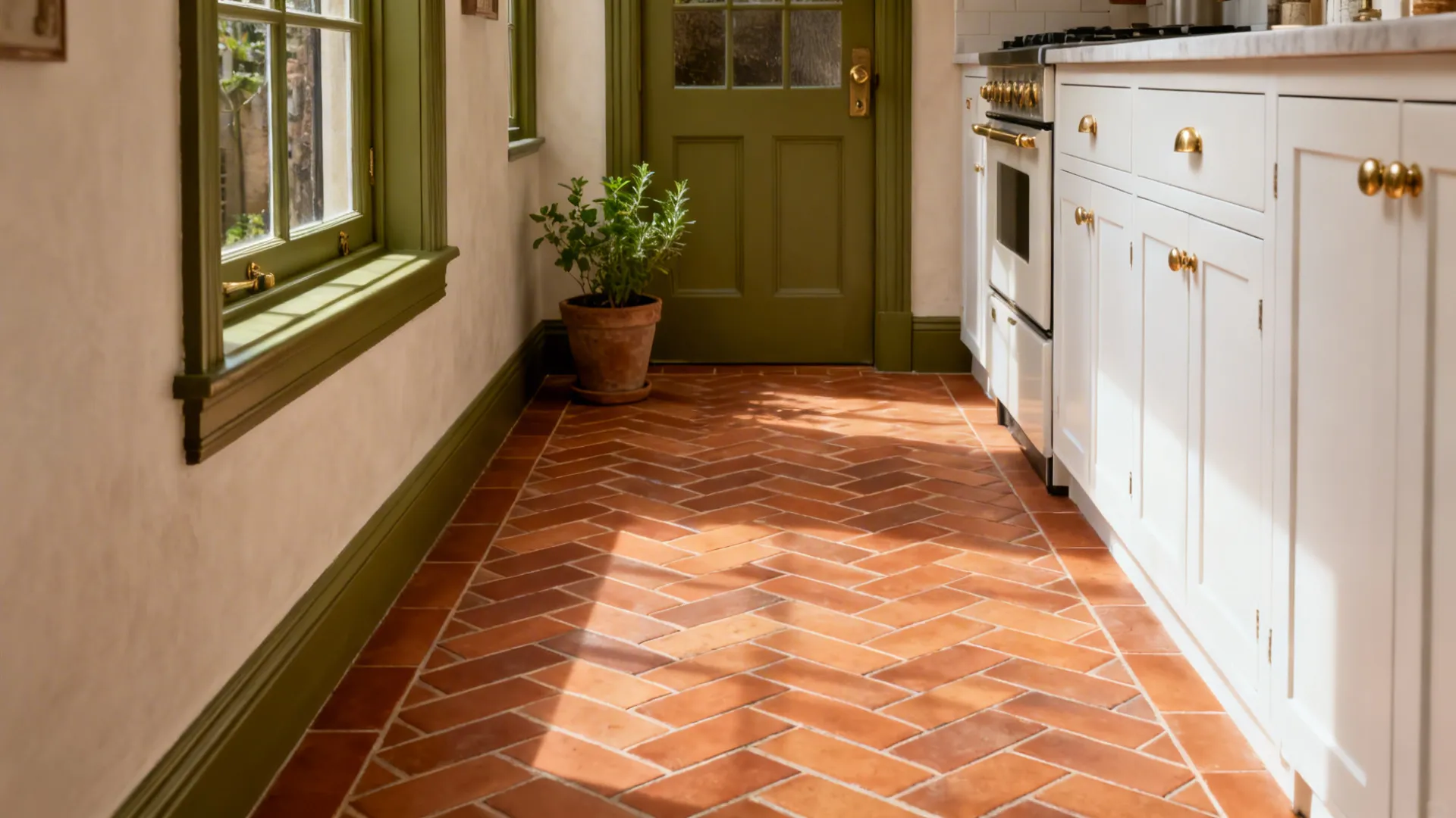 Narrow galley with terracotta-look herringbone floor and olive window trim.