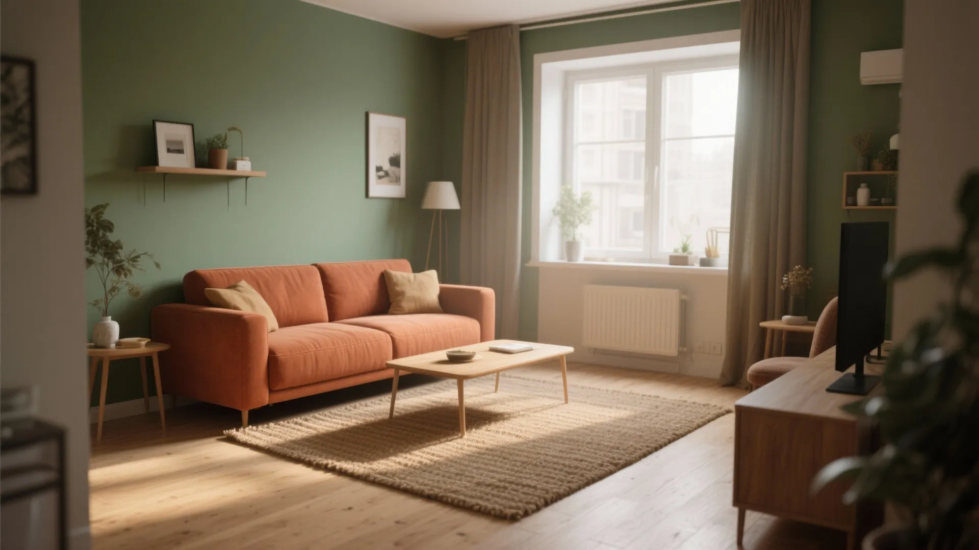 Modern living room featuring orange sofa olive green walls wooden coffee table and natural window light