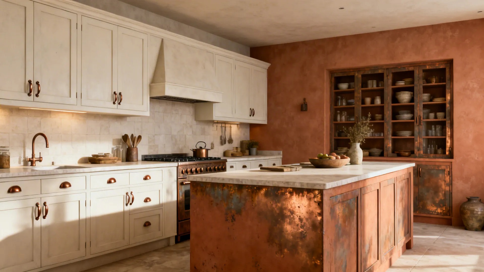Rustic kitchen featuring white cabinets terracotta walls large island with marble top and built in shelf