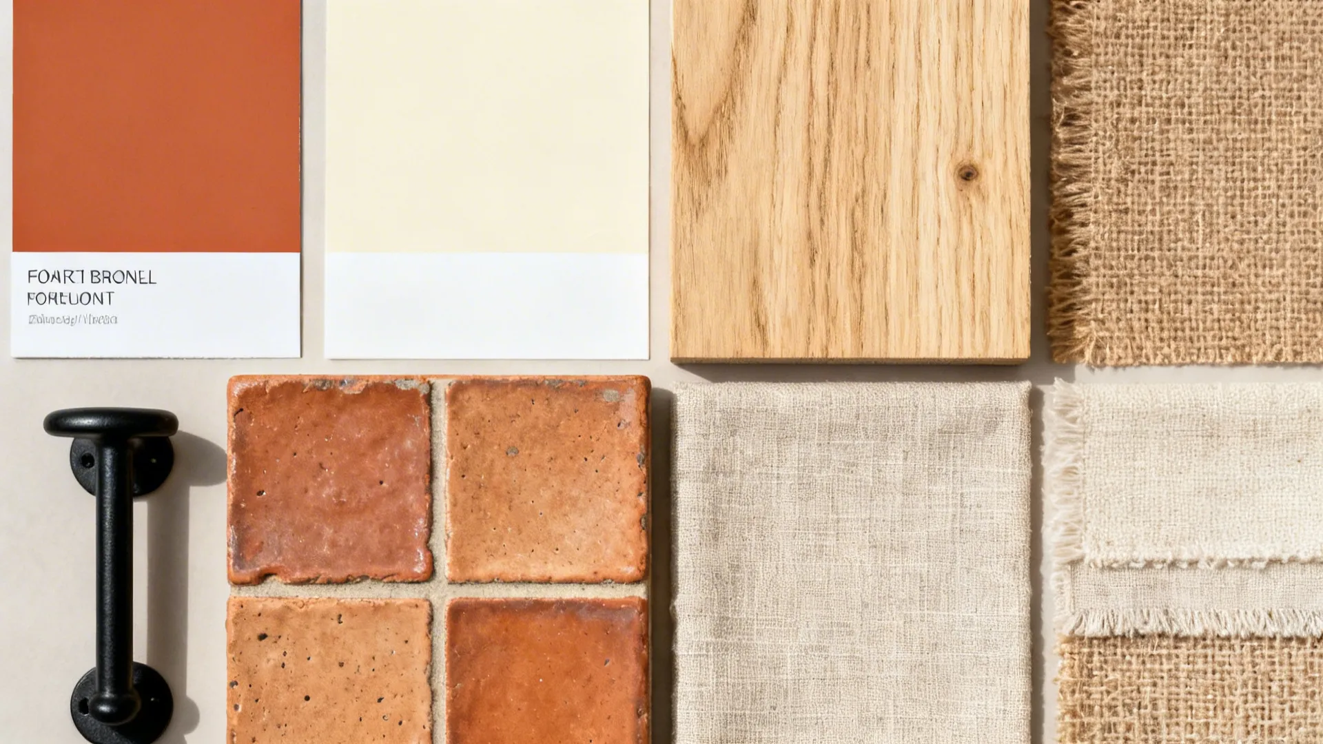 Flat lay of terracotta and cream paint with oak, black hardware, tile, and linen.