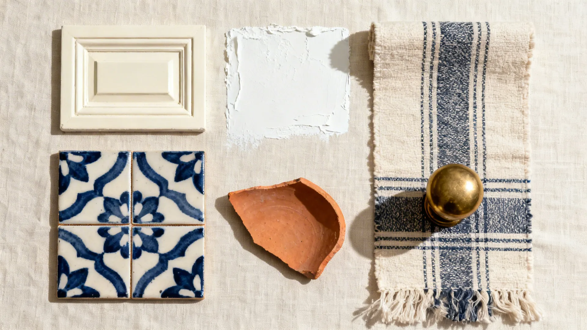 Interior design mood board with blue tiles white paint clay piece gold handle and striped cloth