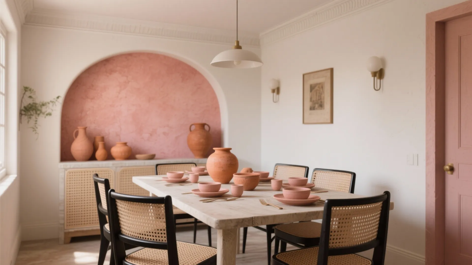 Mediterranean dining room with pink arched wall wooden table black woven chairs and terracotta clay pots