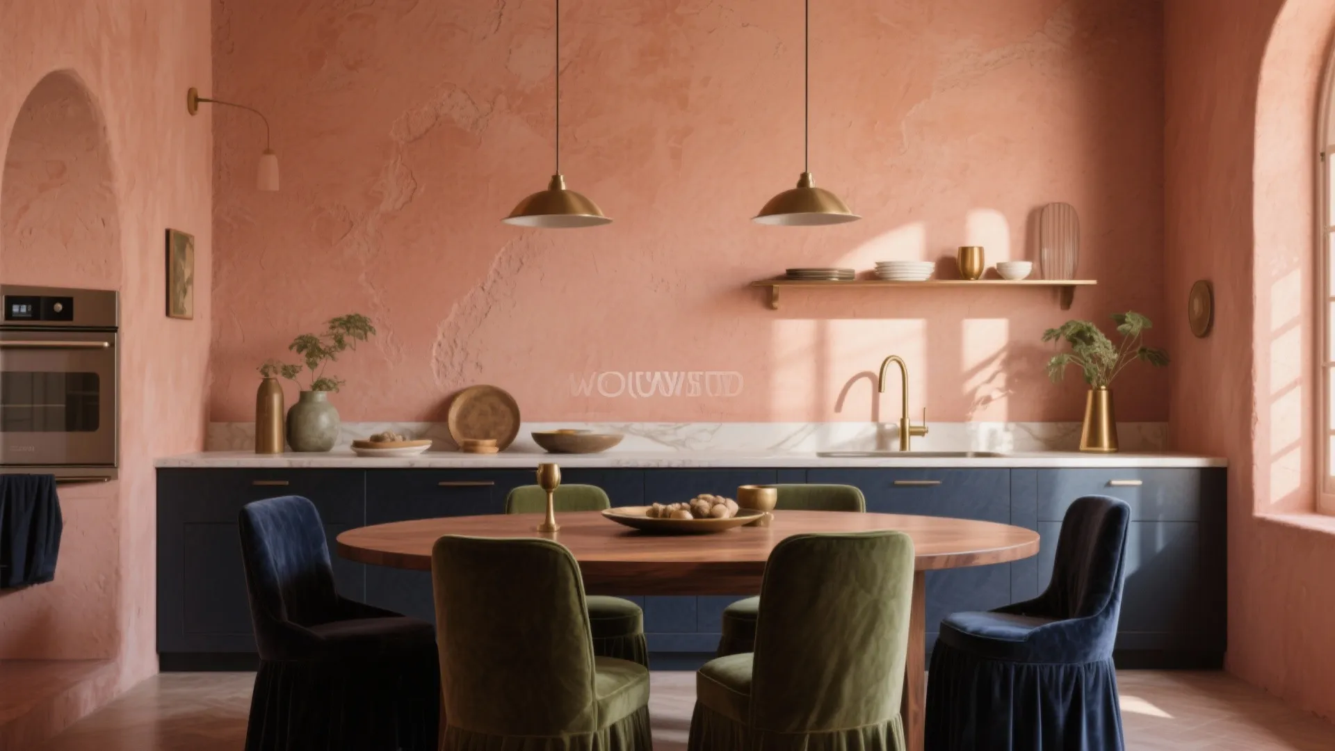 Kitchen dining area with peach walls blue cabinets round wooden table green chairs and gold lights