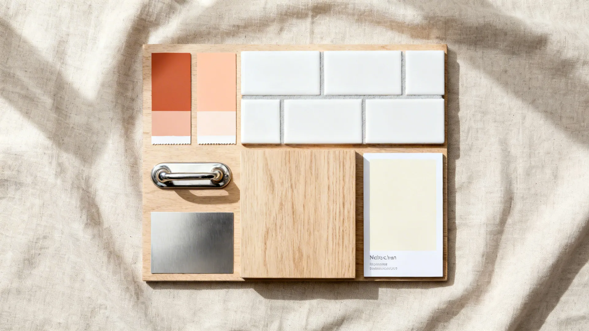 Top-down materials board with terracotta-peach paint chips, white tiles, oak, and nickel.