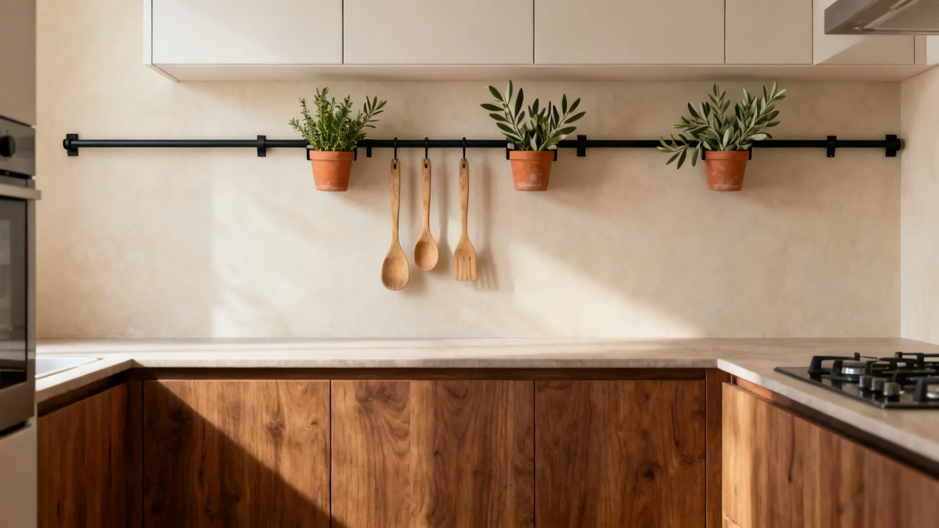 Slim black under-cabinet rail with small terracotta pots for herbs and utensils in a minimalist kitchen.
