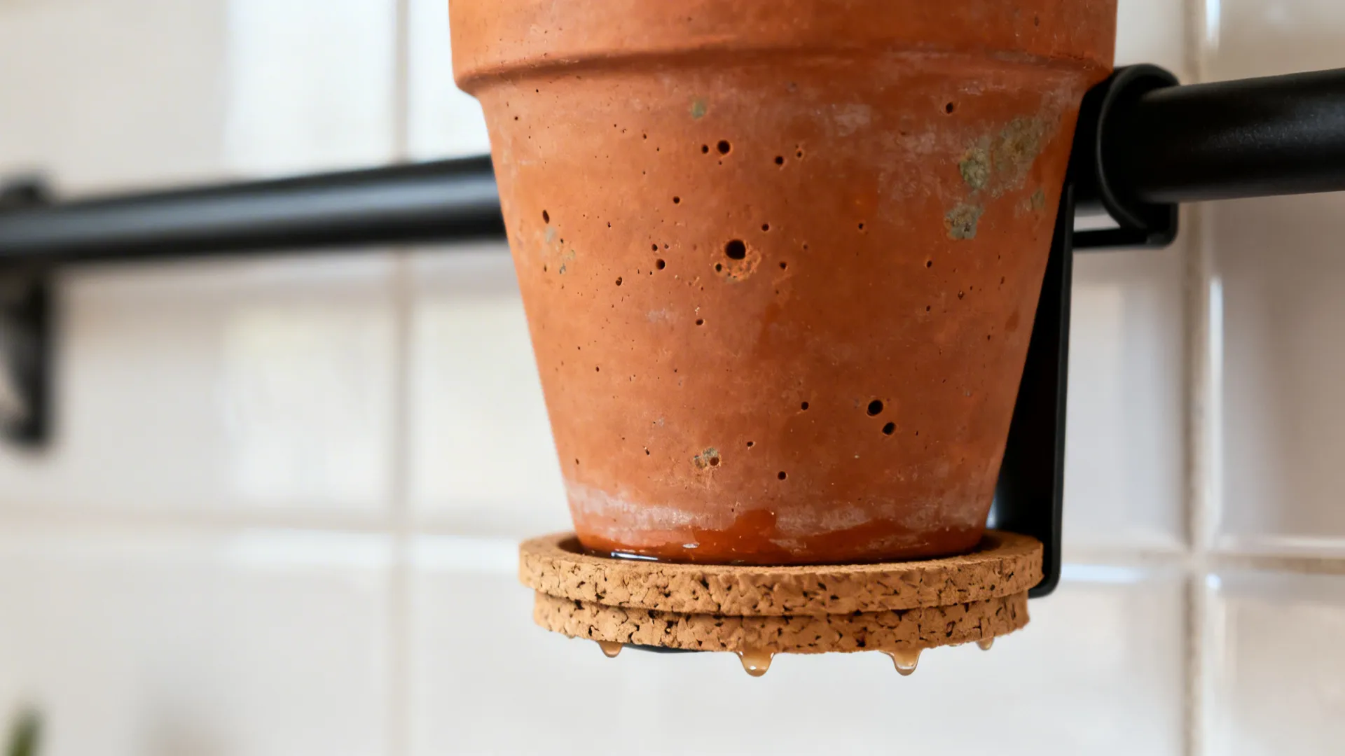 Macro of a terracotta pot clipped to a black rail with a cork drip guard in soft daylight.