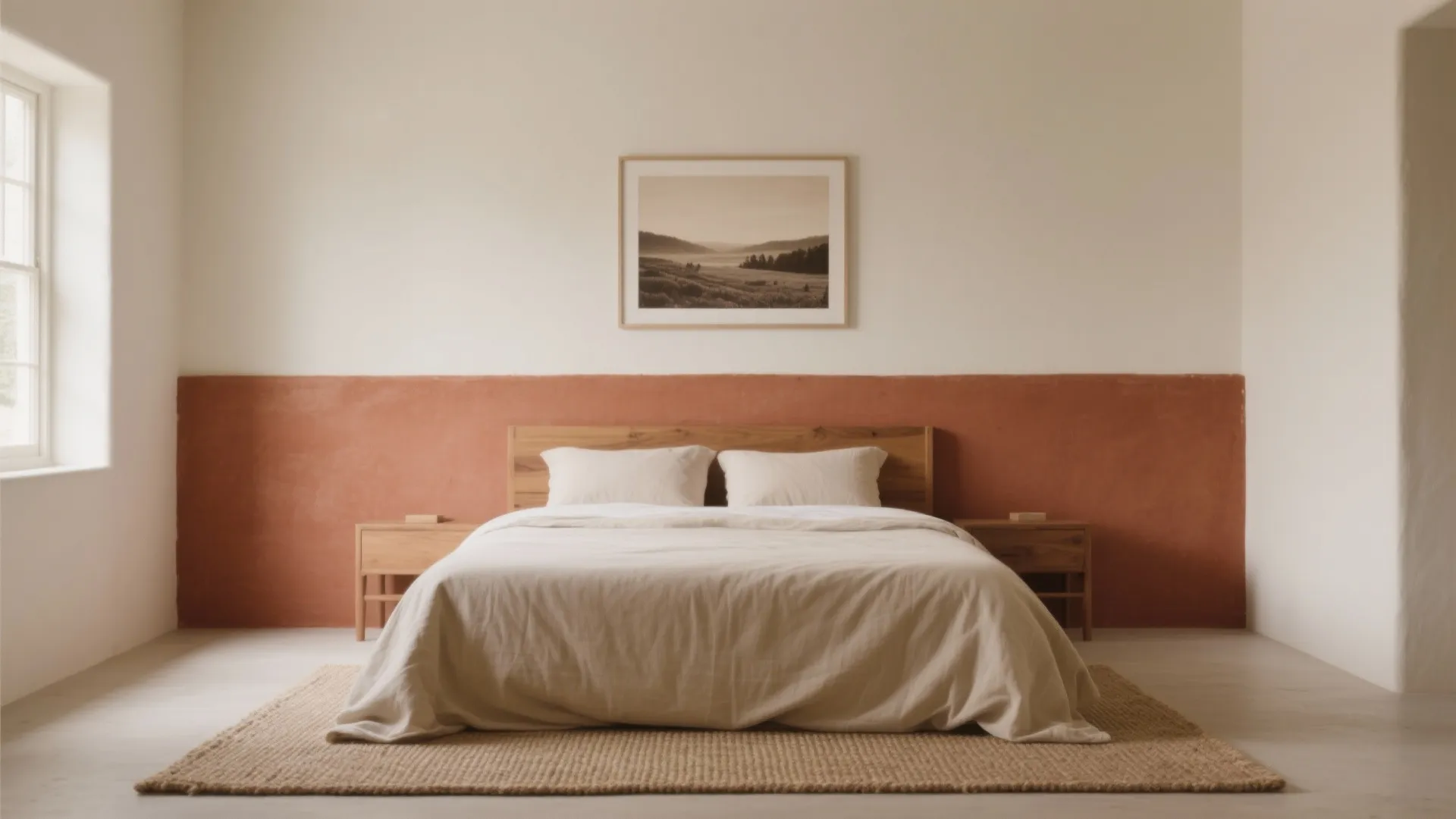 Minimalist bedroom with wooden bed, white bedding, terracotta wall panel, rug, and framed landscape picture