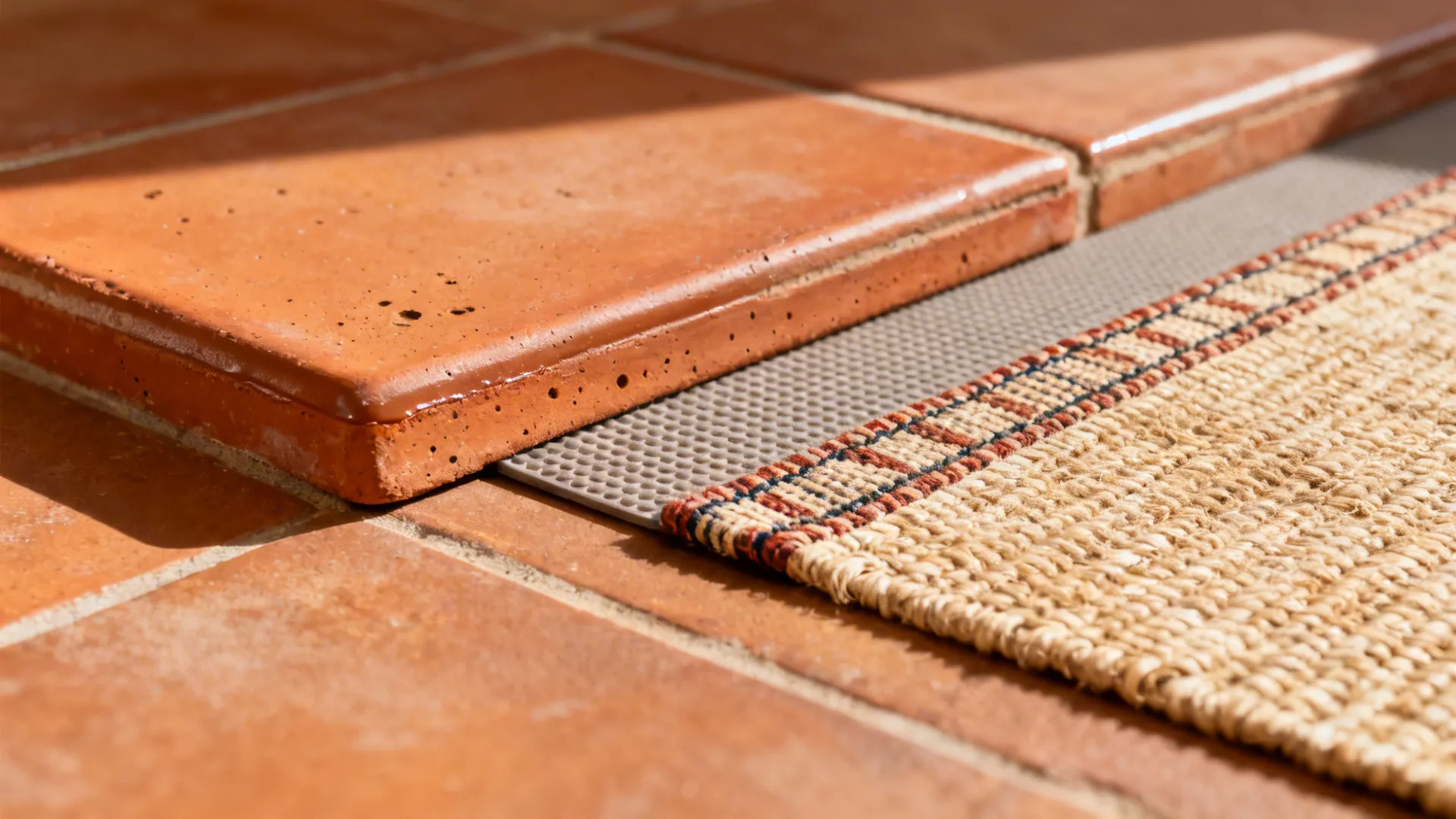 Macro of terracotta tile with matte seal beside a thin anti-slip pad and a woven runner.