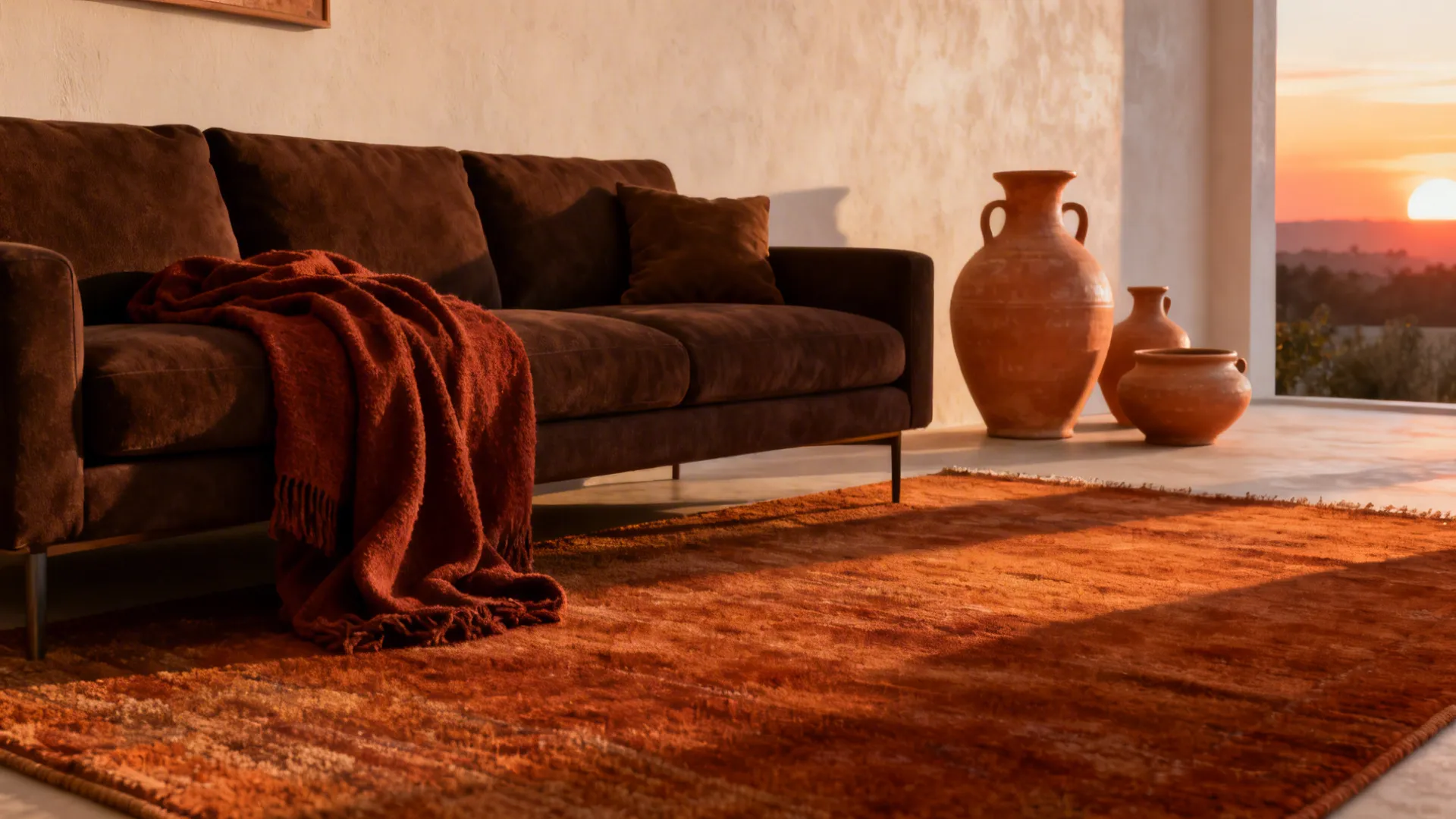 Dark brown sofa with rust throw and terracotta ceramics creating a warm, layered interior.