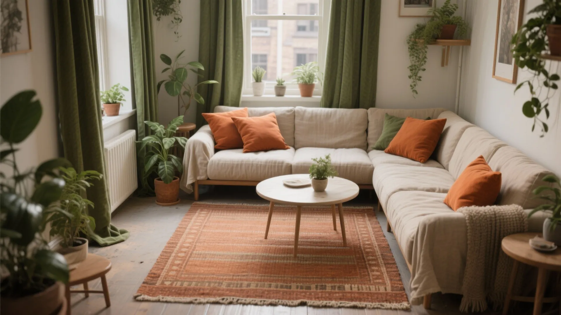 Cozy living room with beige sofa orange pillows green curtains wooden coffee table and plants