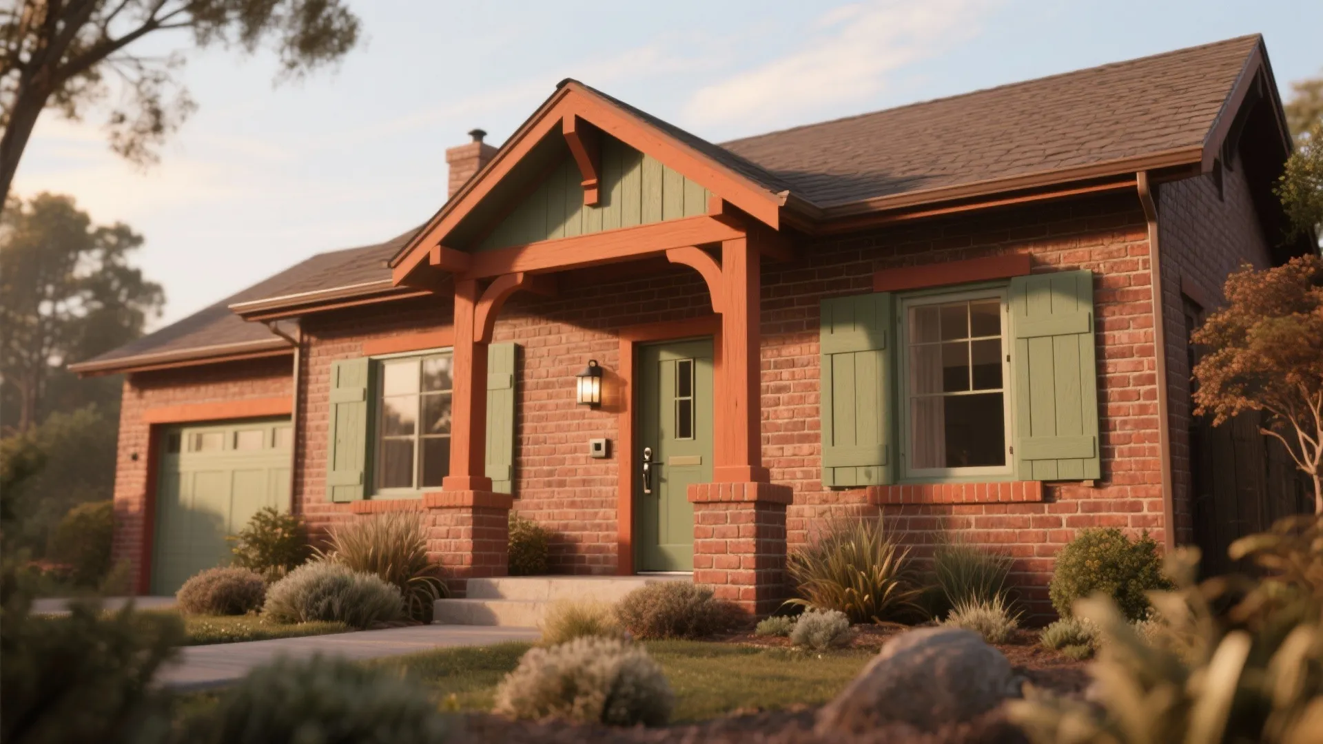 Red brick house with orange porch roof and green door plus green shutters on windows