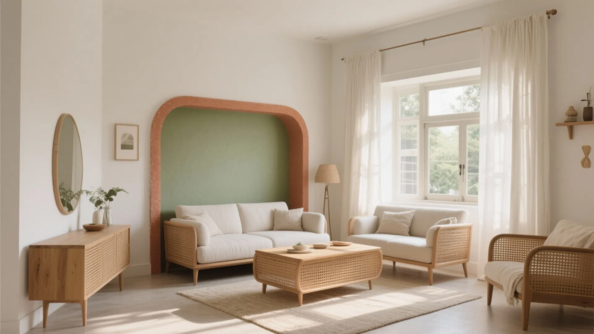 Bohemian living room with cream sofas, wooden coffee table, green wall arch, and large windows