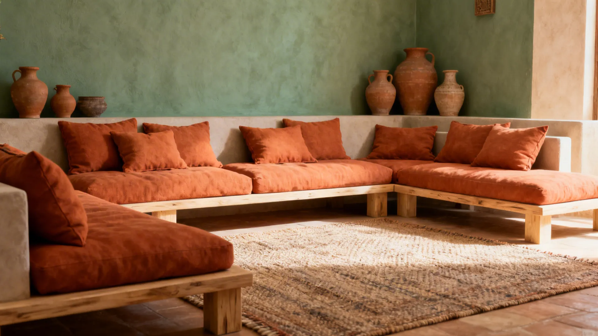 Sage wall with muted terracotta cushions and clay ceramics in a small living space