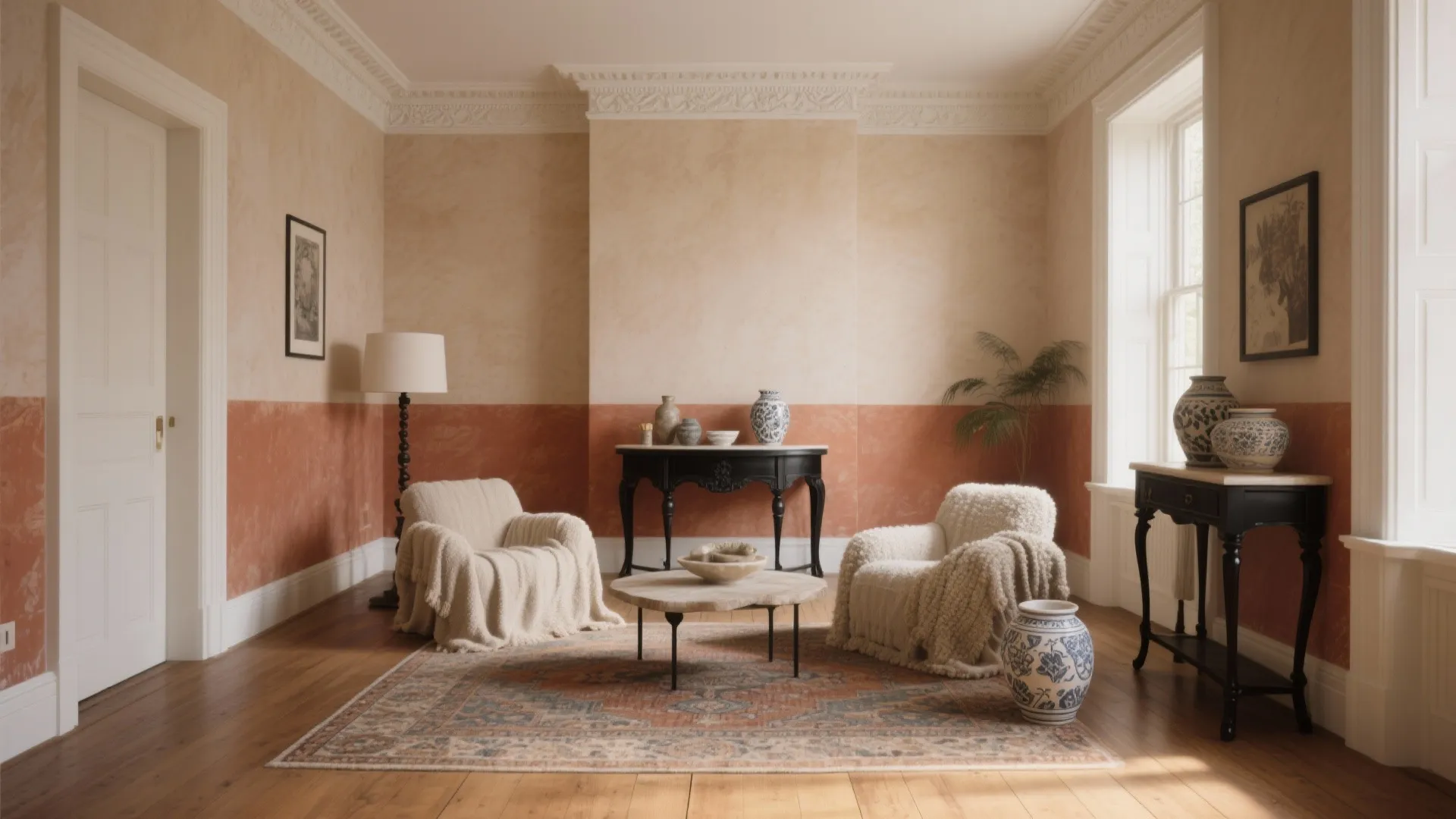 Traditional living room with terracotta and sand walls two cream chairs a rug and cabinets