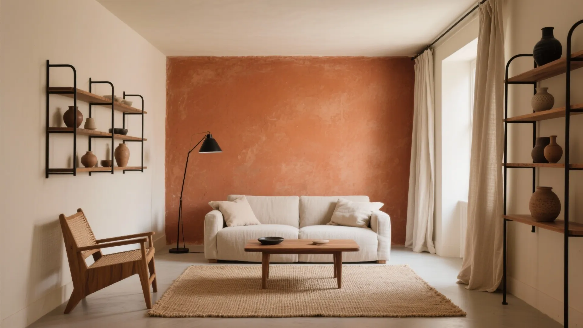 Modern living room with orange wall, white sofa, wooden table, jute rug, chair, and shelves