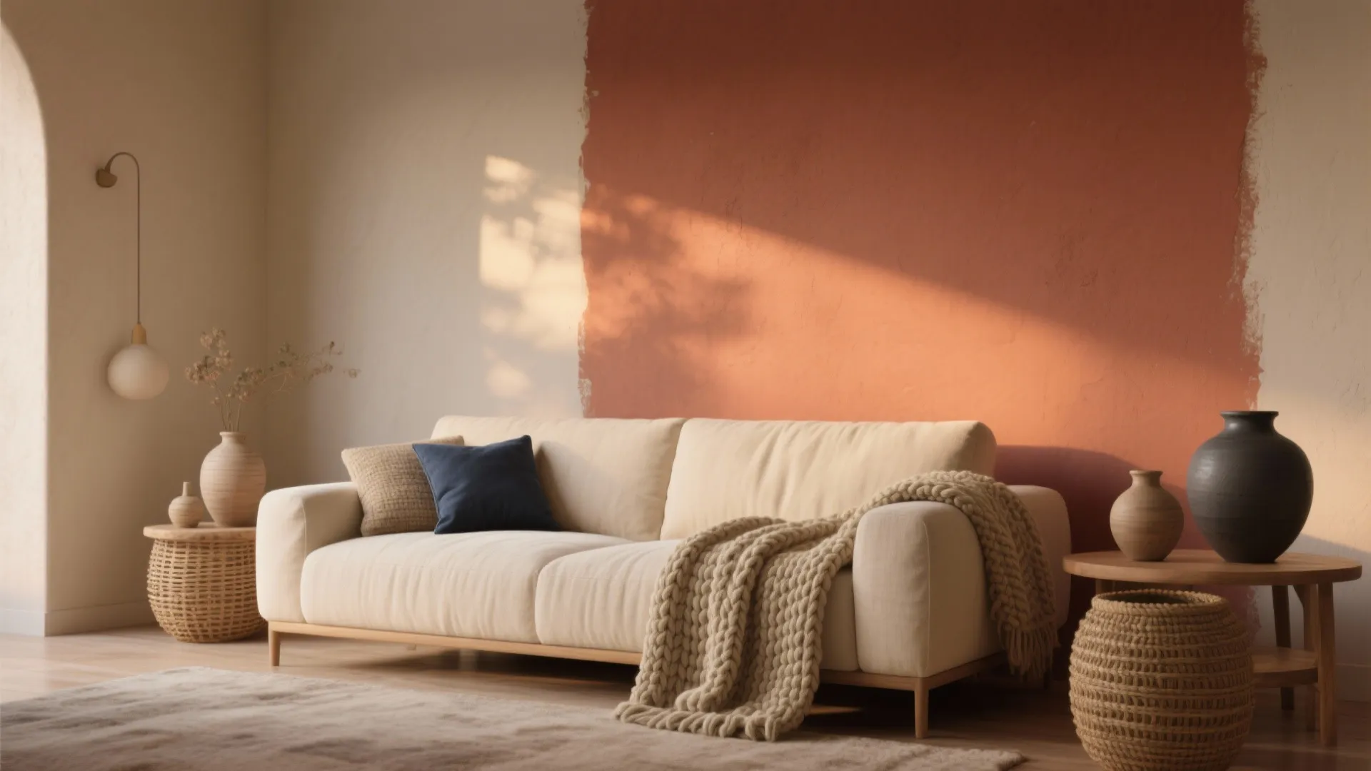 Muted terracotta accent wall with sandy neutrals, creamy linen sofa, navy throw, and matte ceramics in warm light.
