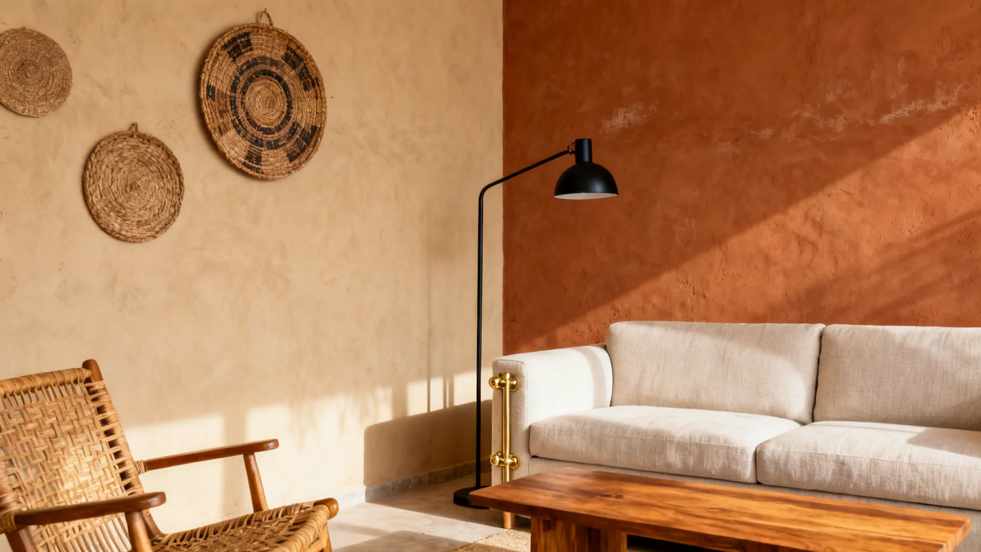 Compact living room with sand walls, terracotta accent, rattan chair, and black metal accents.
