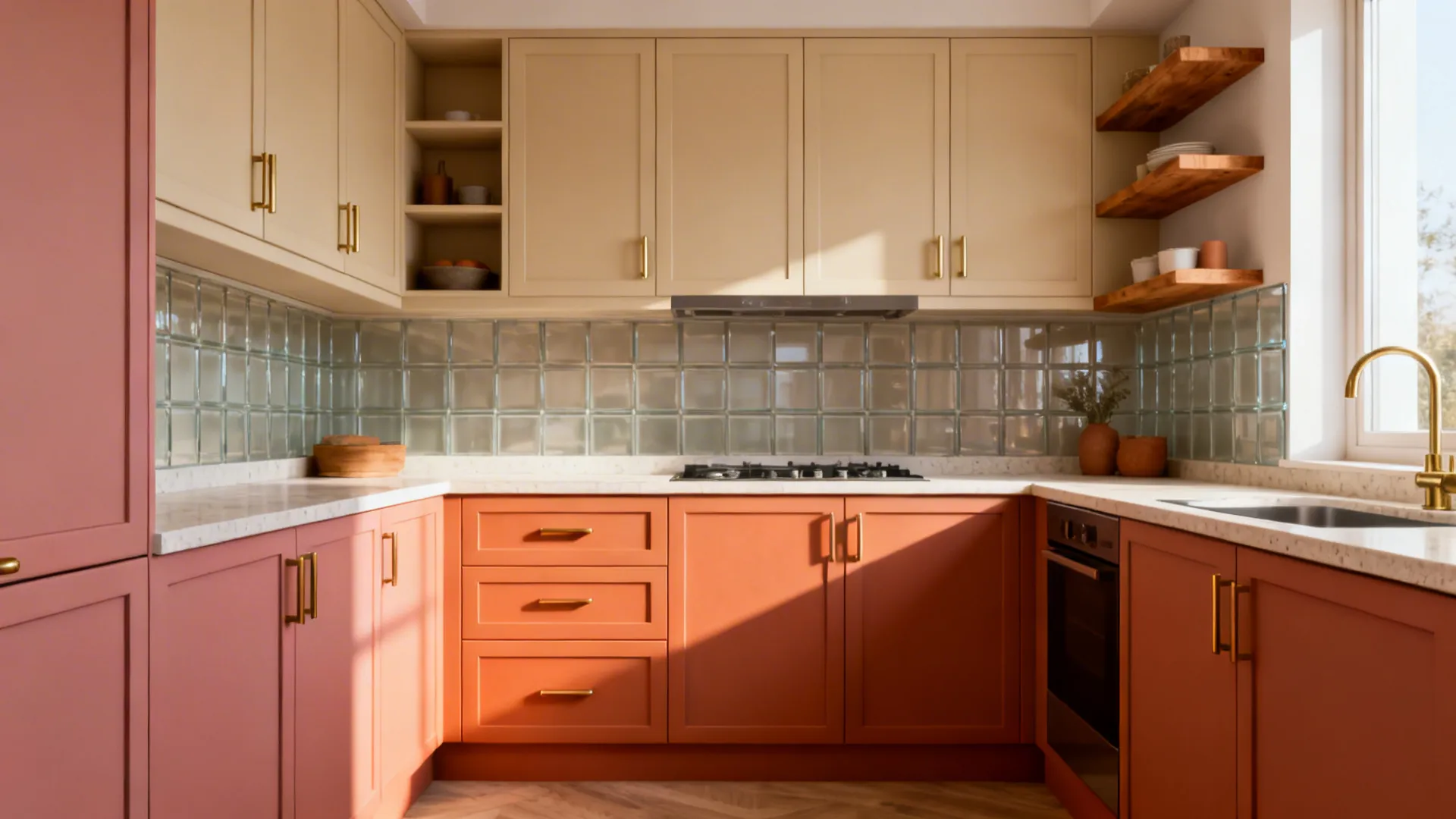 Small southeast kitchen with terracotta lowers and sand-beige uppers in soft daylight.
