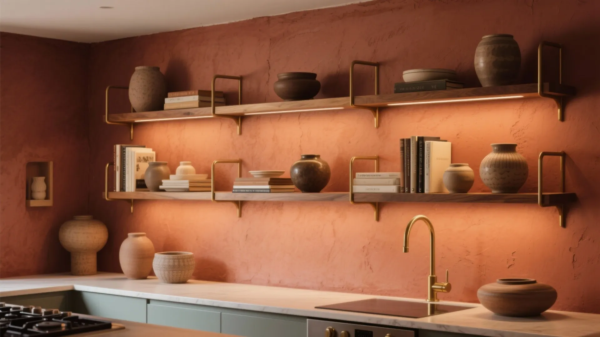 2. Terracotta Accent Behind Shelves