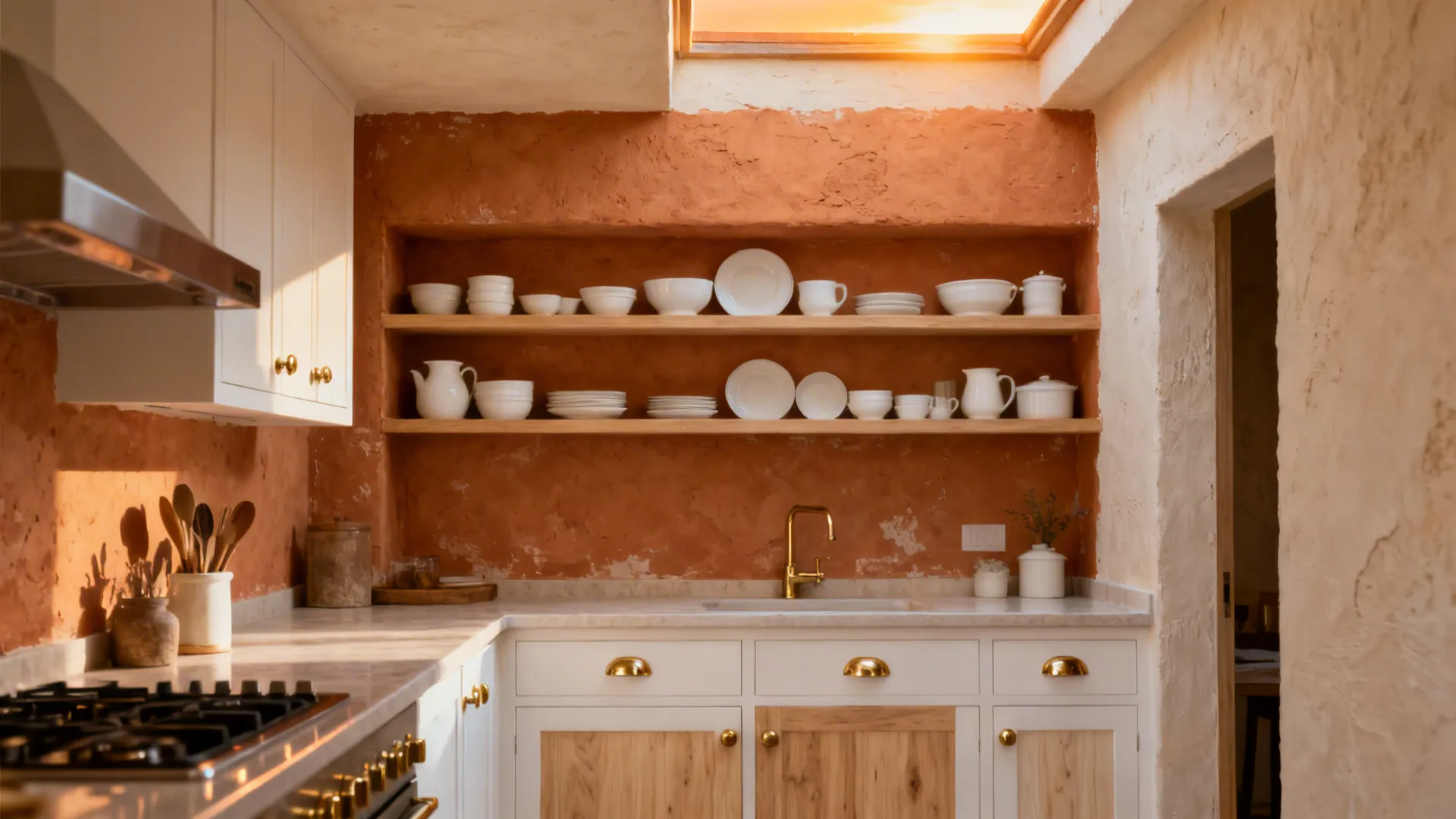 Small kitchen with a muted terracotta wall, open shelves, brass hardware, and light wood.
