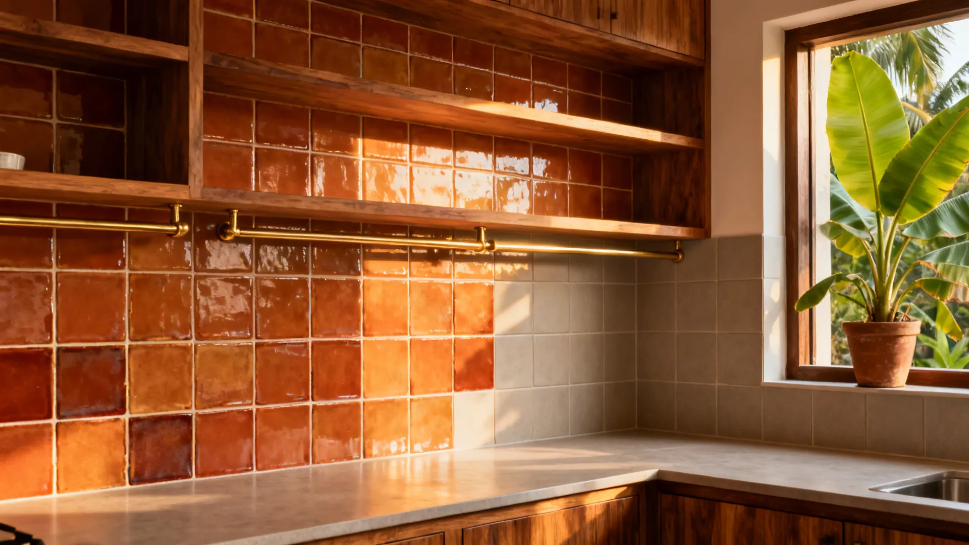 Terracotta-glazed wall tiles behind open shelves with brass rails and greenery in a Kerala kitchen.