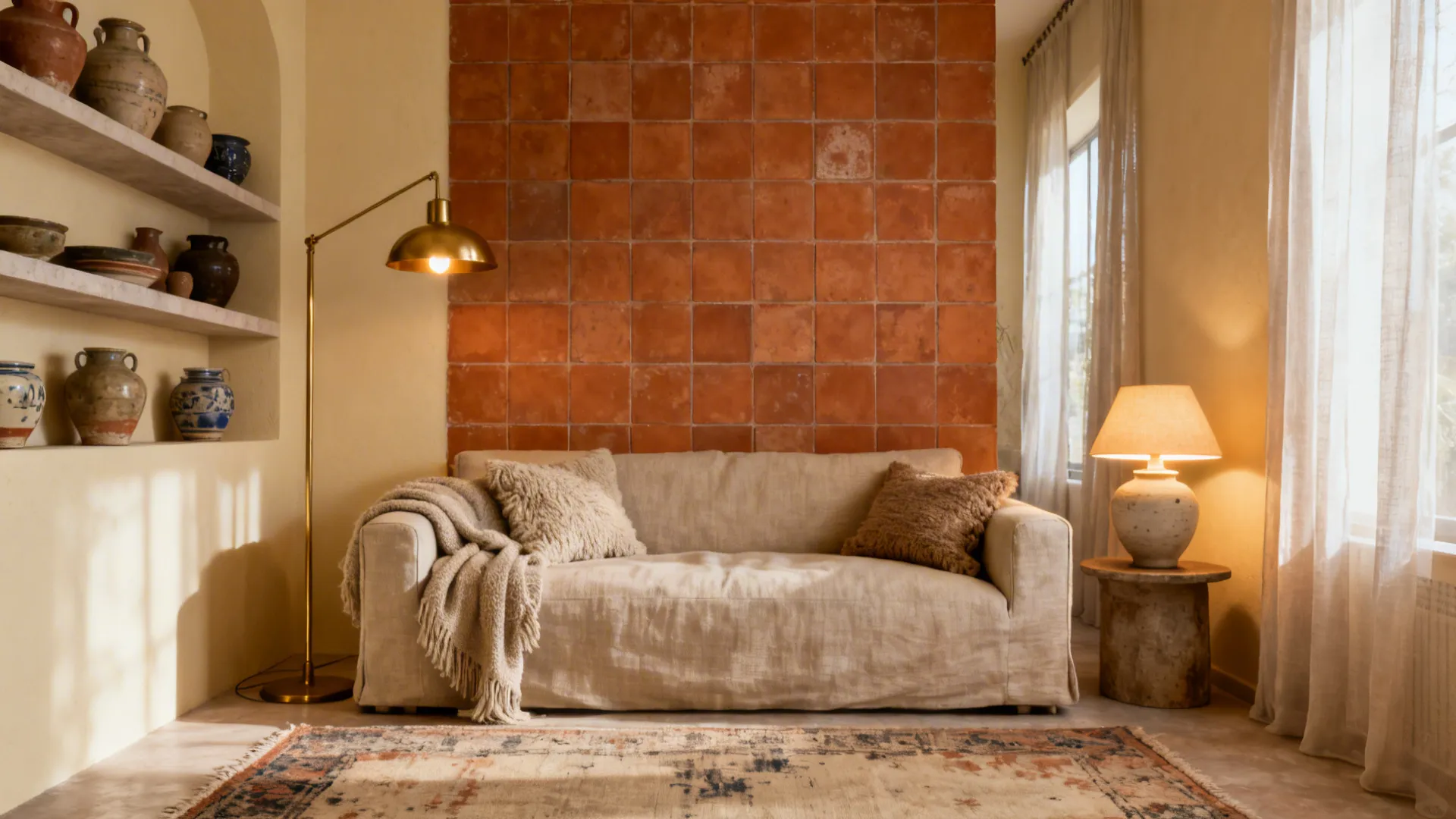 Interior with terracotta wall and soft cream surfaces, vintage ceramics and neutral textiles.