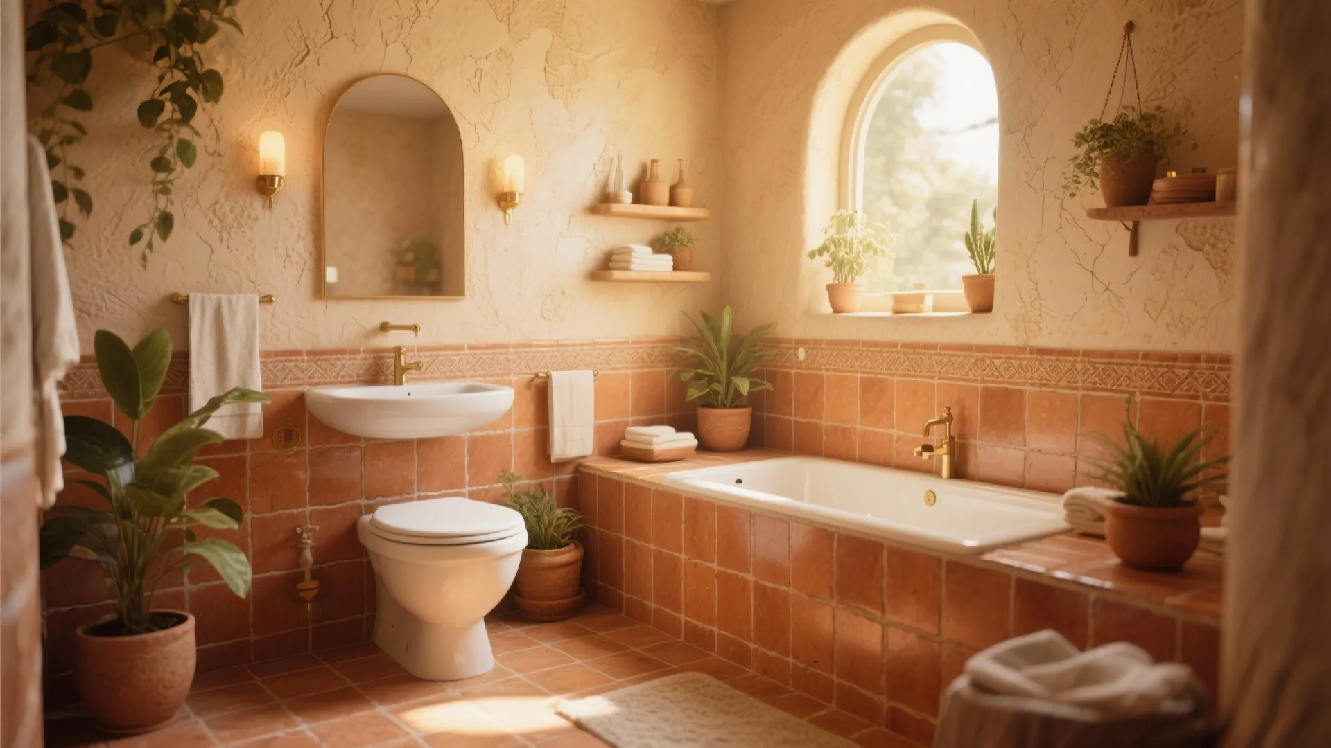Warm terracotta bathroom with bathtub toilet sink wall plants arched window and soft natural light