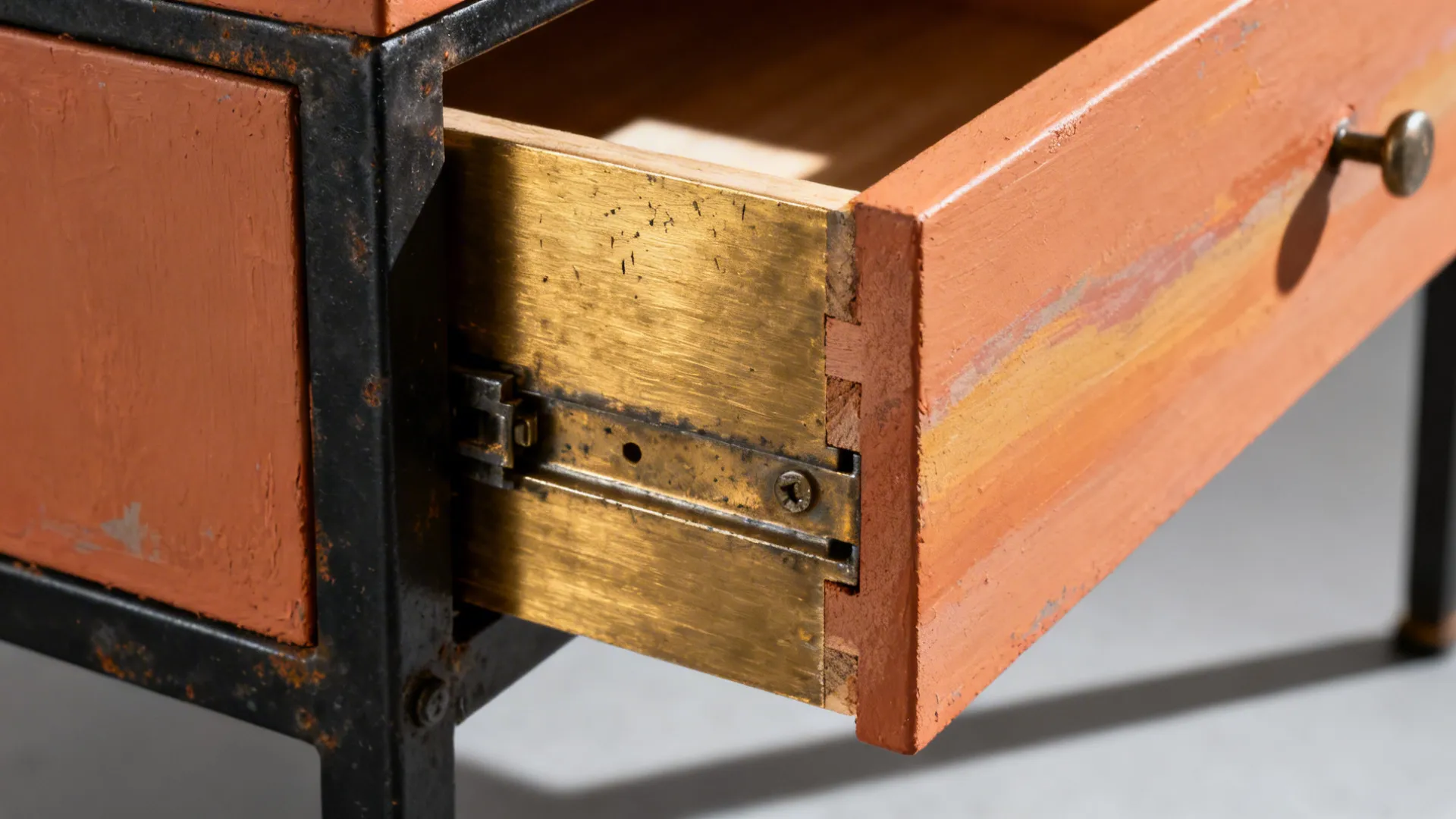 Macro of terracotta drawer front meeting a textured blackened steel trolley frame