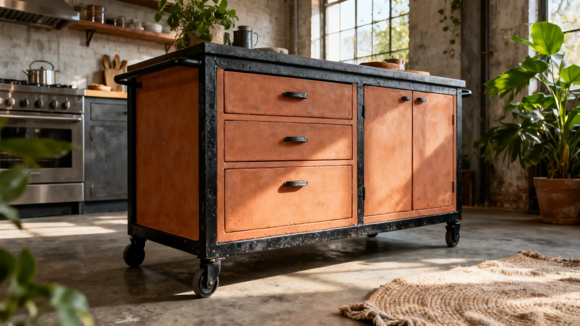 Terracotta-front kitchen trolley with a blackened steel frame in an industrial loft kitchen
