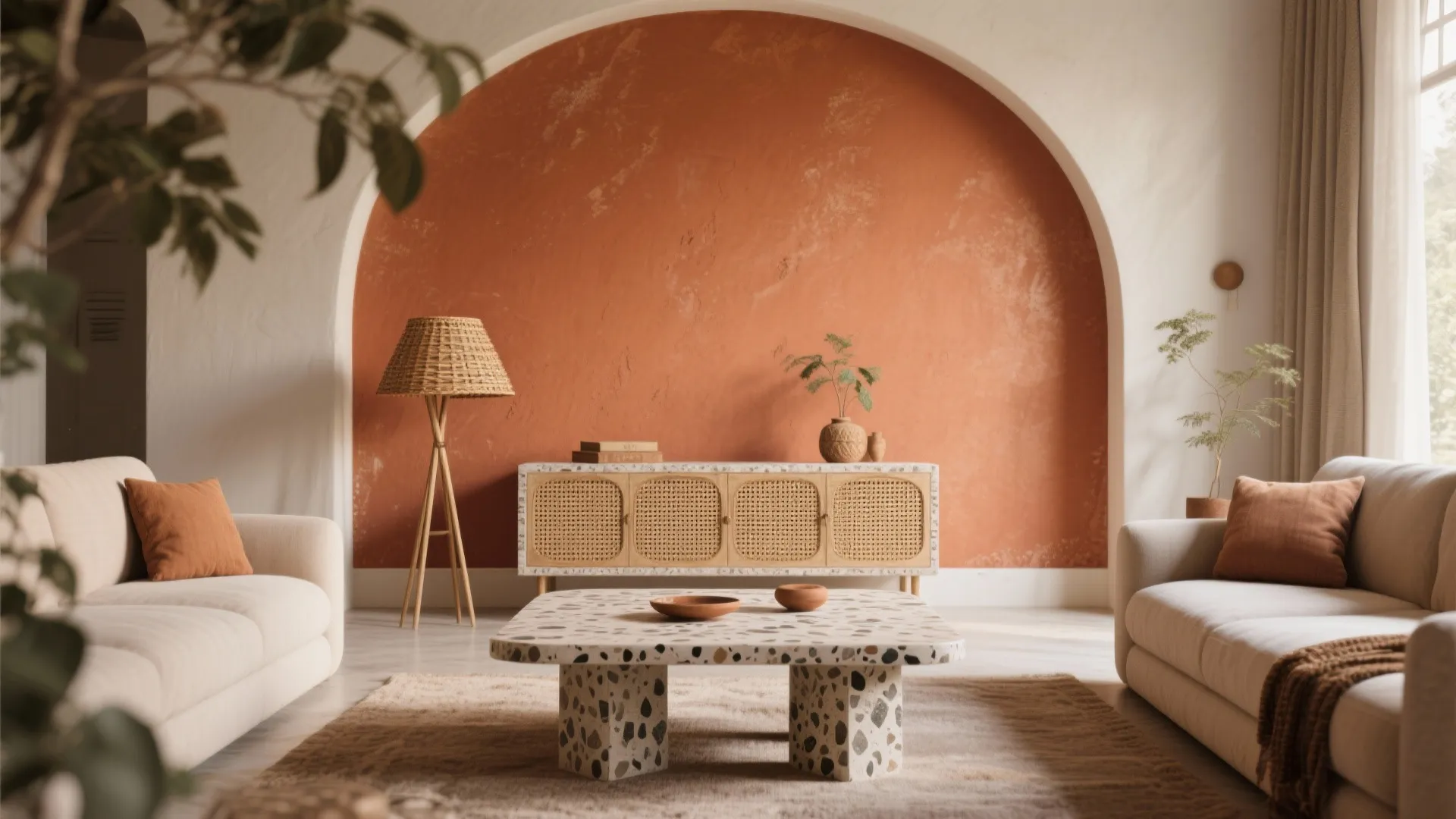 Indian-modern living room accents with terracotta wall, terrazzo table, cane-front sideboard, and rattan lamp.