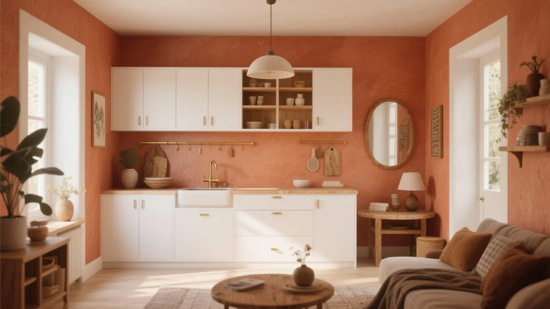 Modern kitchen with orange walls white cabinets wooden counter round mirror sofa and hanging ceiling light