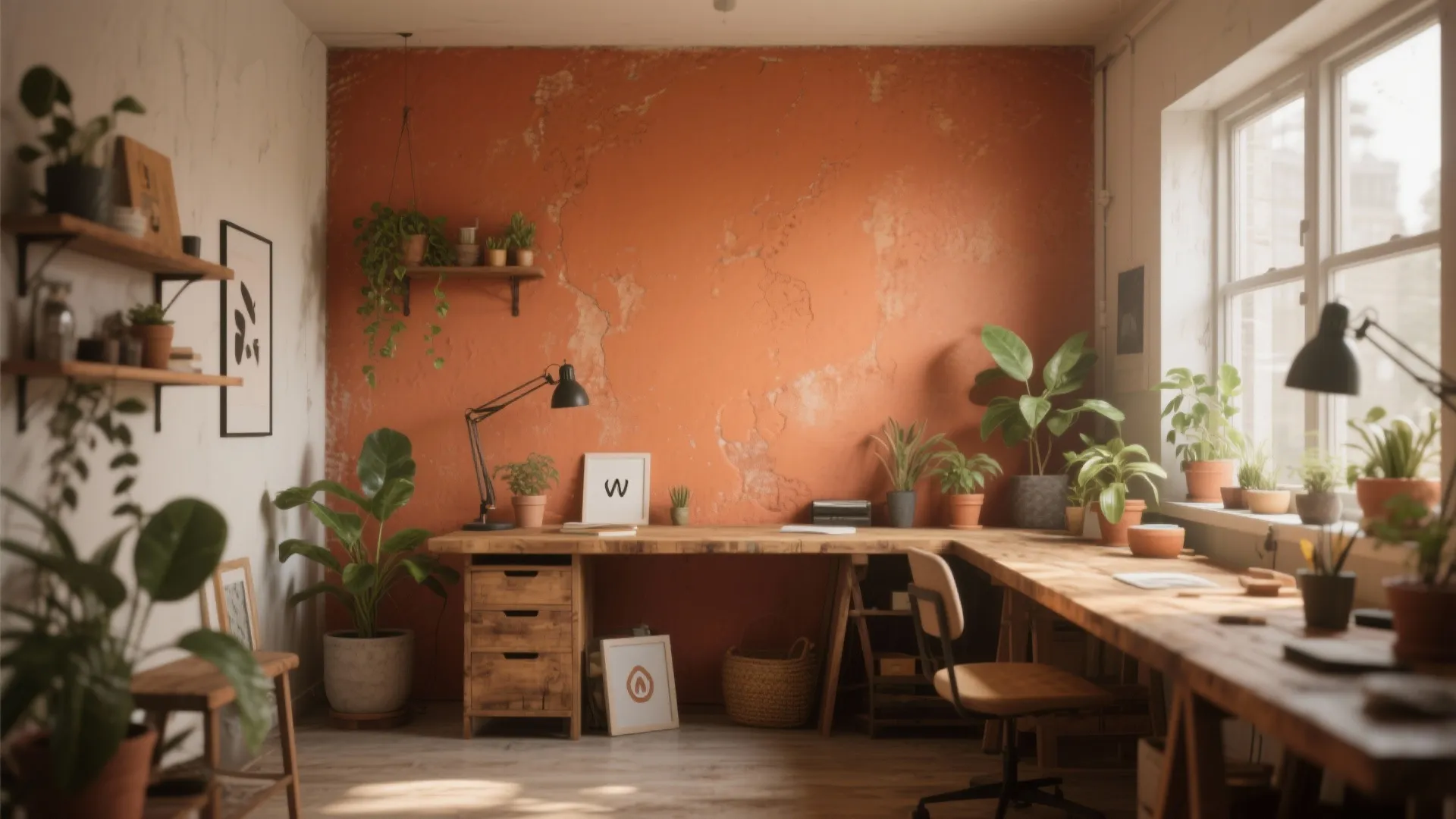 Spacious workshop with orange wall wooden corner desk many green plants and natural window light